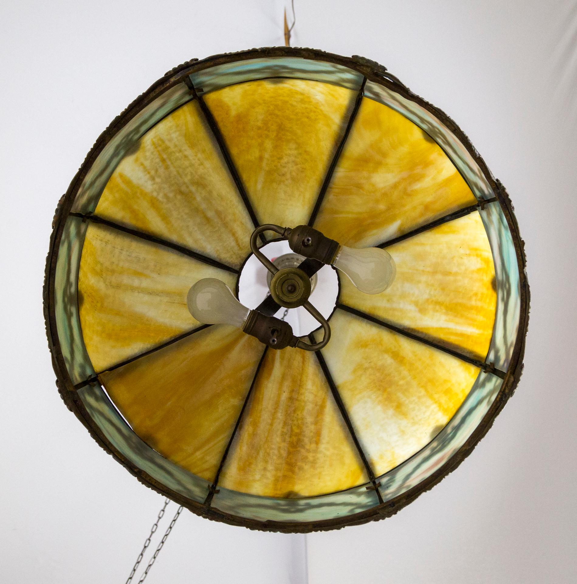 Yellow and Blue Slag Glass and Bronze Bradley Hubbard Umbrella Pendant Light For Sale 5