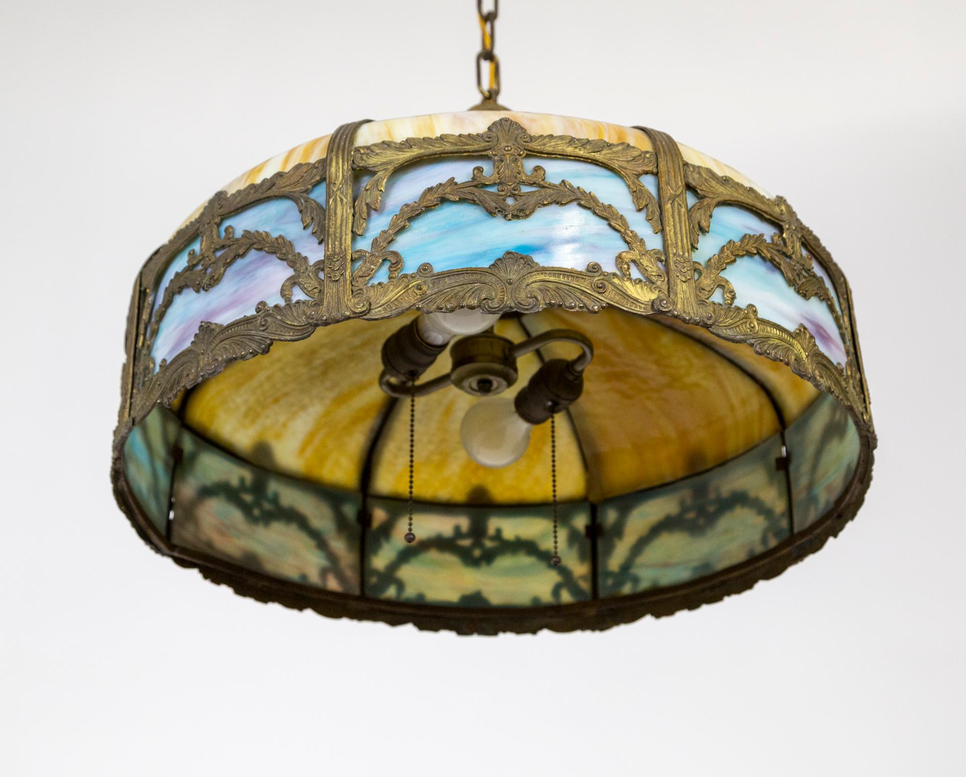 Unknown Yellow and Blue Slag Glass and Bronze Bradley Hubbard Umbrella Pendant Light For Sale