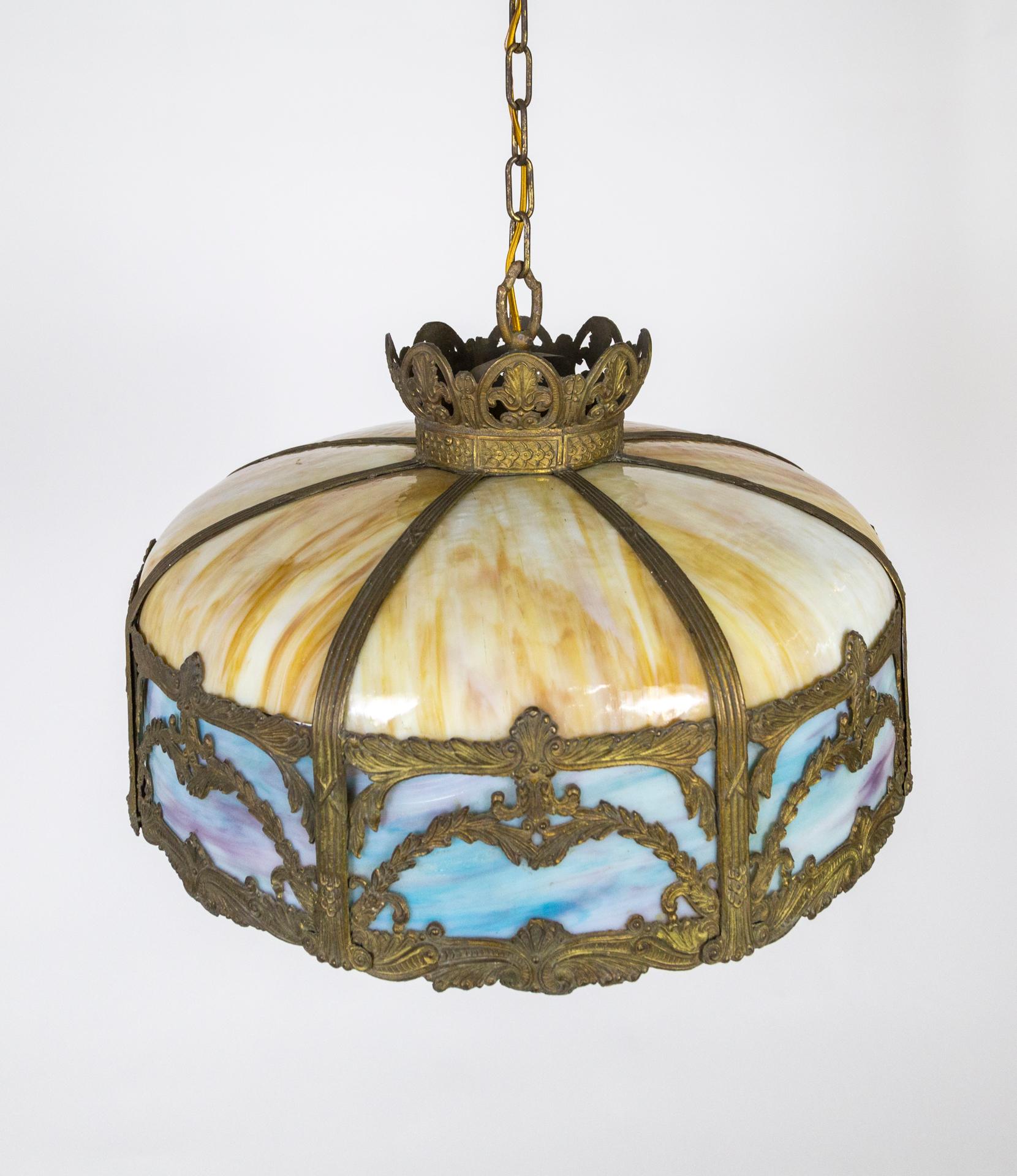 Yellow and Blue Slag Glass and Bronze Bradley Hubbard Umbrella Pendant Light In Good Condition For Sale In San Francisco, CA