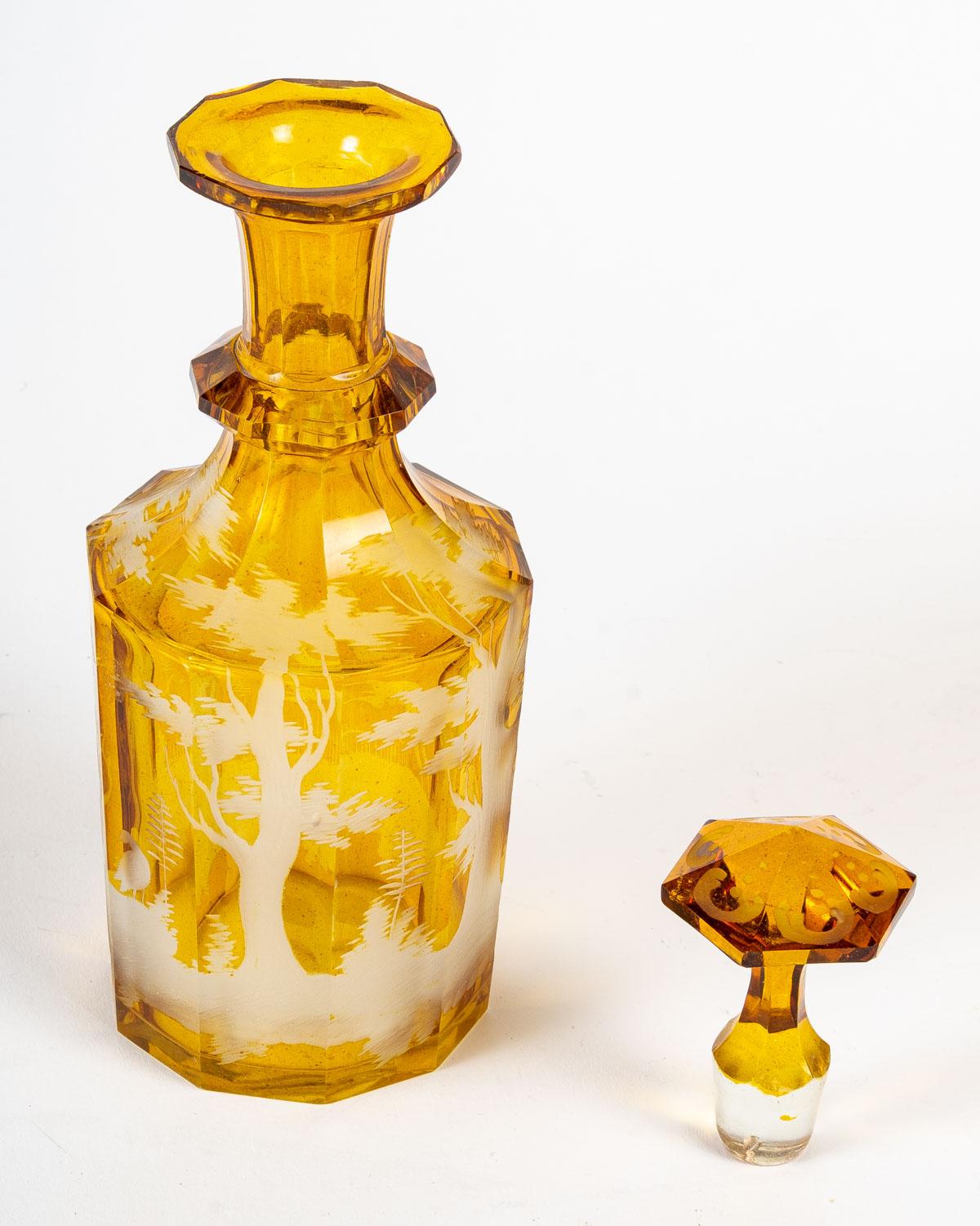 Yellow Bohemian crystal service set, 19th century.
Bohemian crystal service set with a tray, 6 glasses and a carafe, engraved with hunting scene. 19th century.
Measures: H: 21 cm, W: 38 cm, D: 23 cm
3047