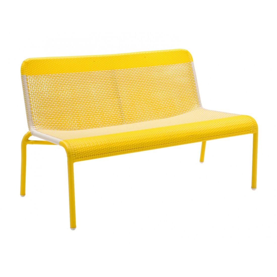 Yellow and white braided resin lounge and outdoor two-seat sofa. It will be perfect on your terrace, in your veranda, your winter garden, even around the swimming pool! French design and Retro style, practical (stackable!) Never used.