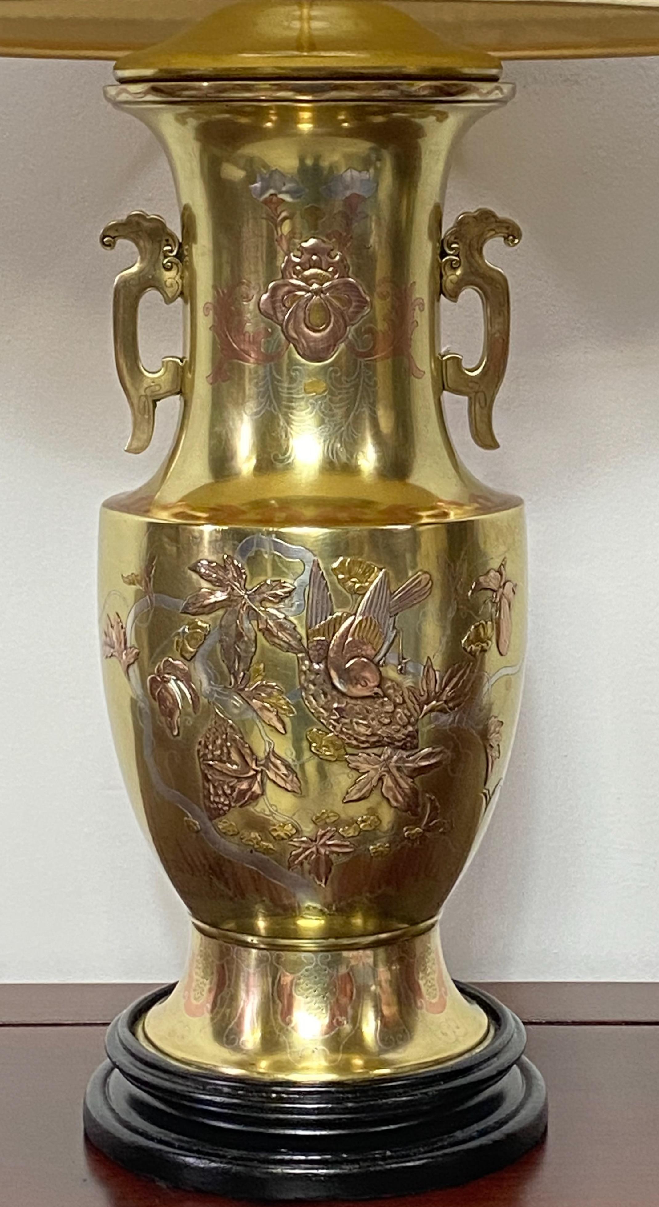 19th Century Yellow Bronze Lamp with Inlay Red Bronze and Silver, Japanese Meiji Period 1890 For Sale
