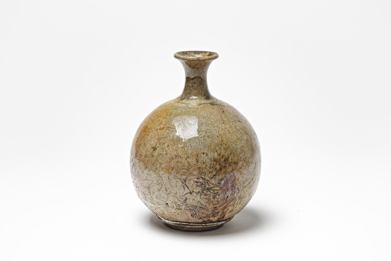 Beaux Arts Yellow/brown glazed ceramic vase by Gisèle Buthod Garçon, circa 1980-1990 For Sale