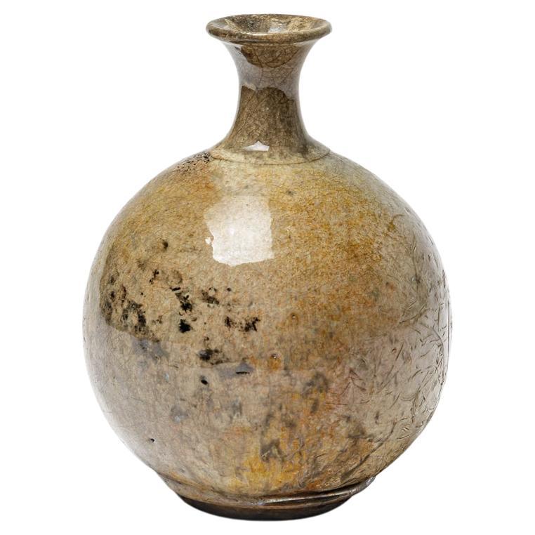 Vase en céramique émaillée jaune/brun de Gisèle Buthod-Garçon, circa 1980-1990