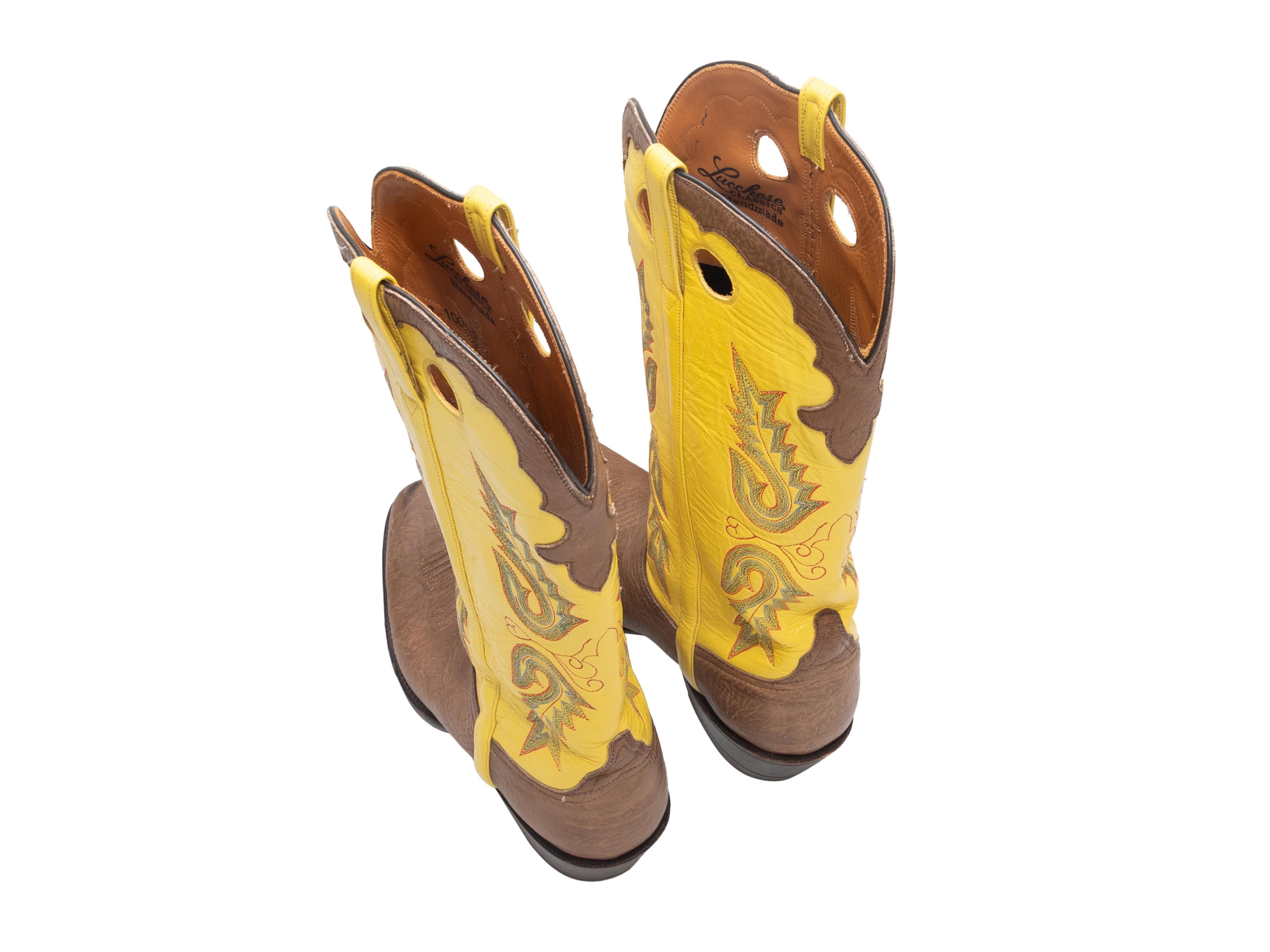 Gelbe & braune Lucchese kniehohe Cowboystiefel Größe 39 (Orange) im Angebot