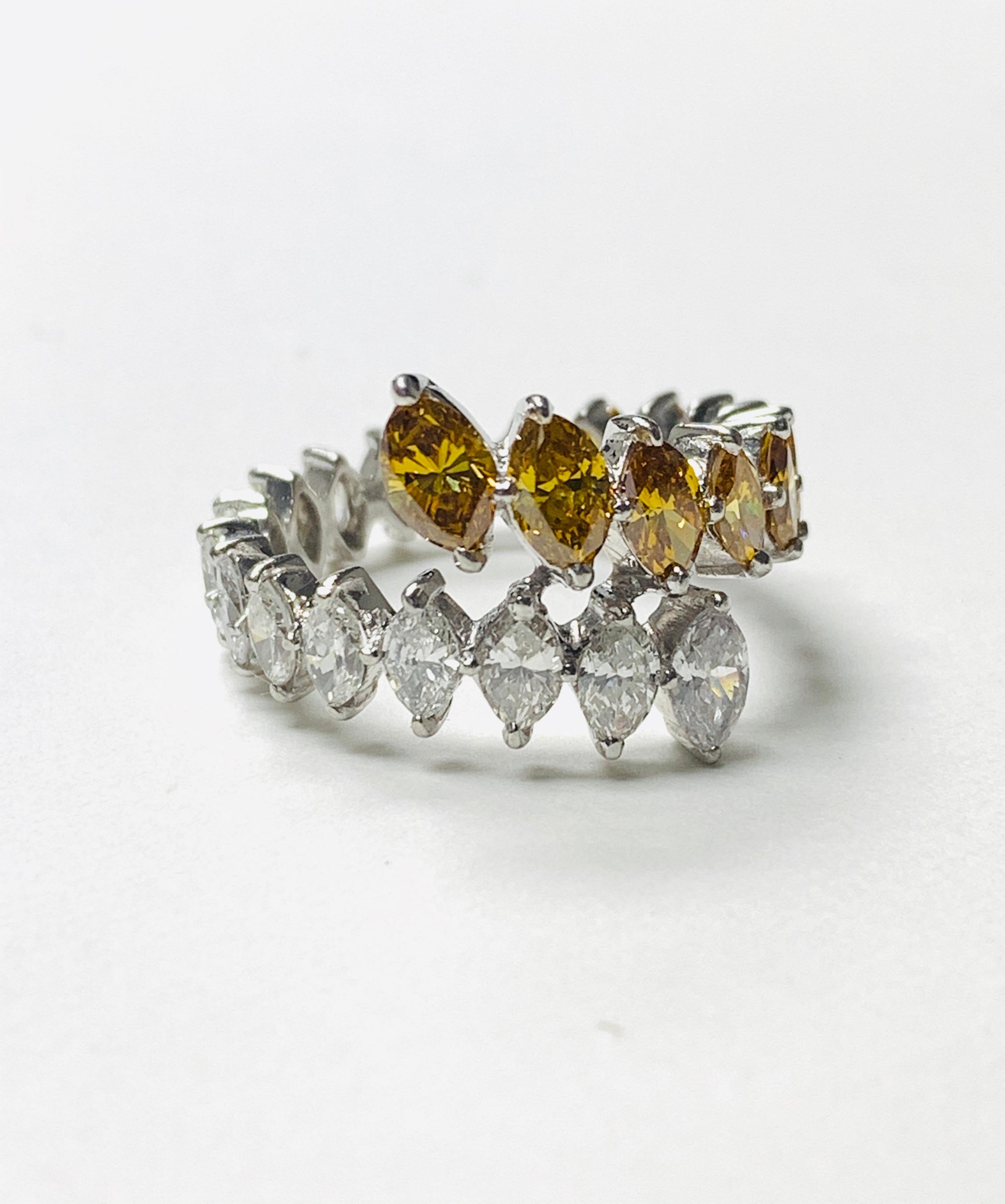 Yellow Brown Marquise Diamond and White Diamond Band Ring in 18 Karat Ring For Sale 1
