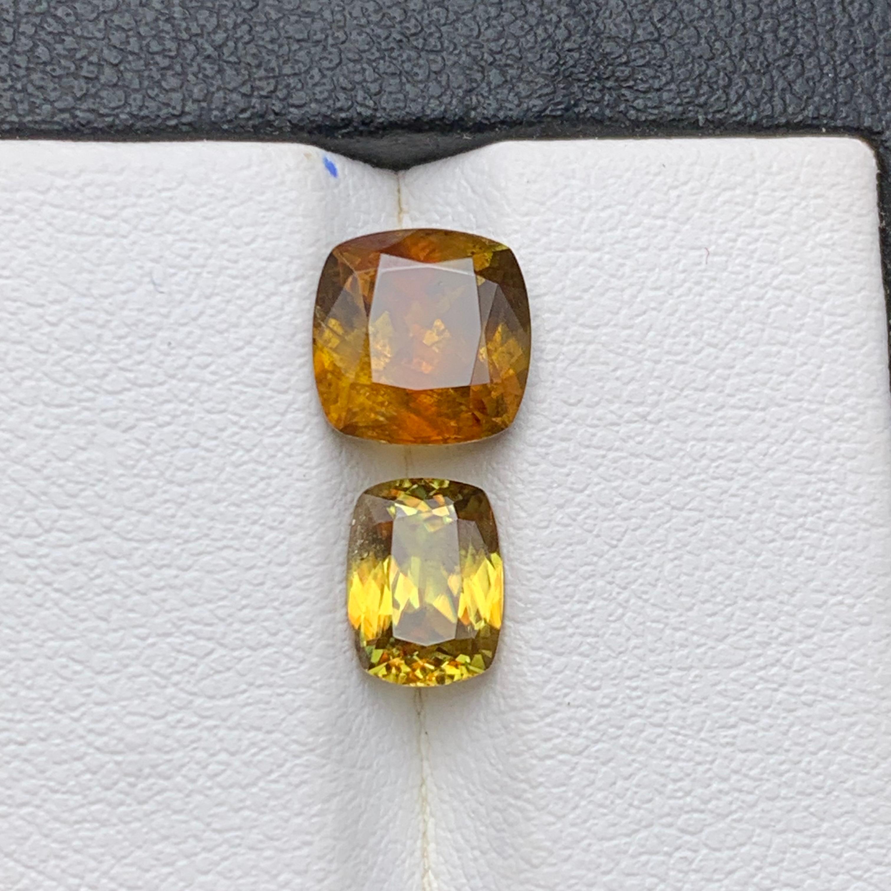 Contemporary Yellow & Brown Natural Sphene/Titanite Loose Gemstones 4.10 Ct Cushion Cut-Jewel For Sale