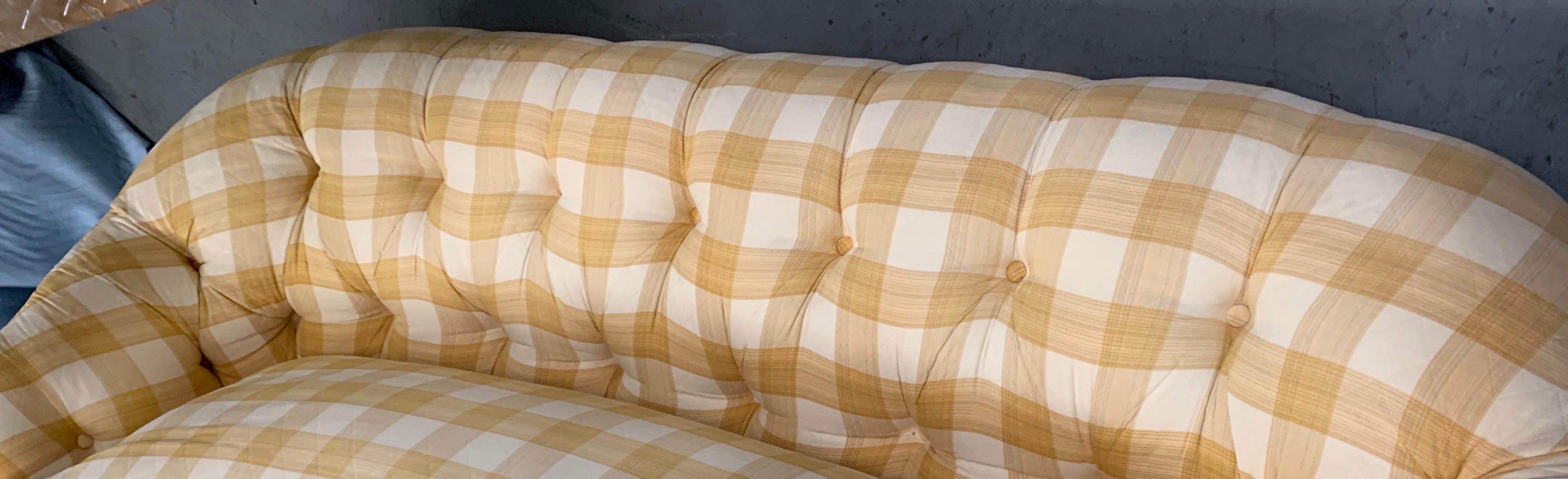 American Yellow Buffalo Check Plaid Quilted Chesterfield Sofa, Custom, Charles Stewart Co
