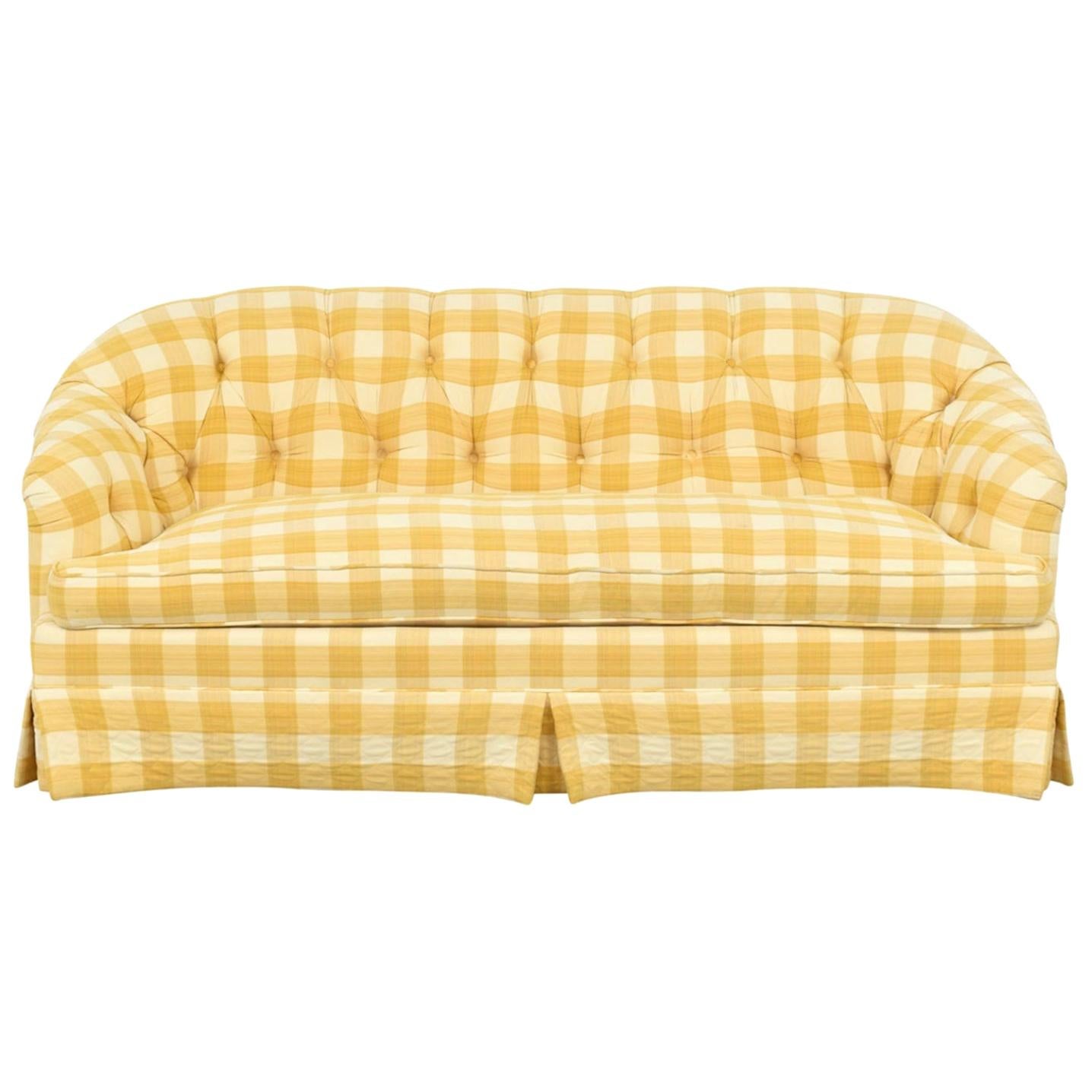 Yellow Buffalo Check Plaid Quilted Chesterfield Sofa, Custom, Charles Stewart Co