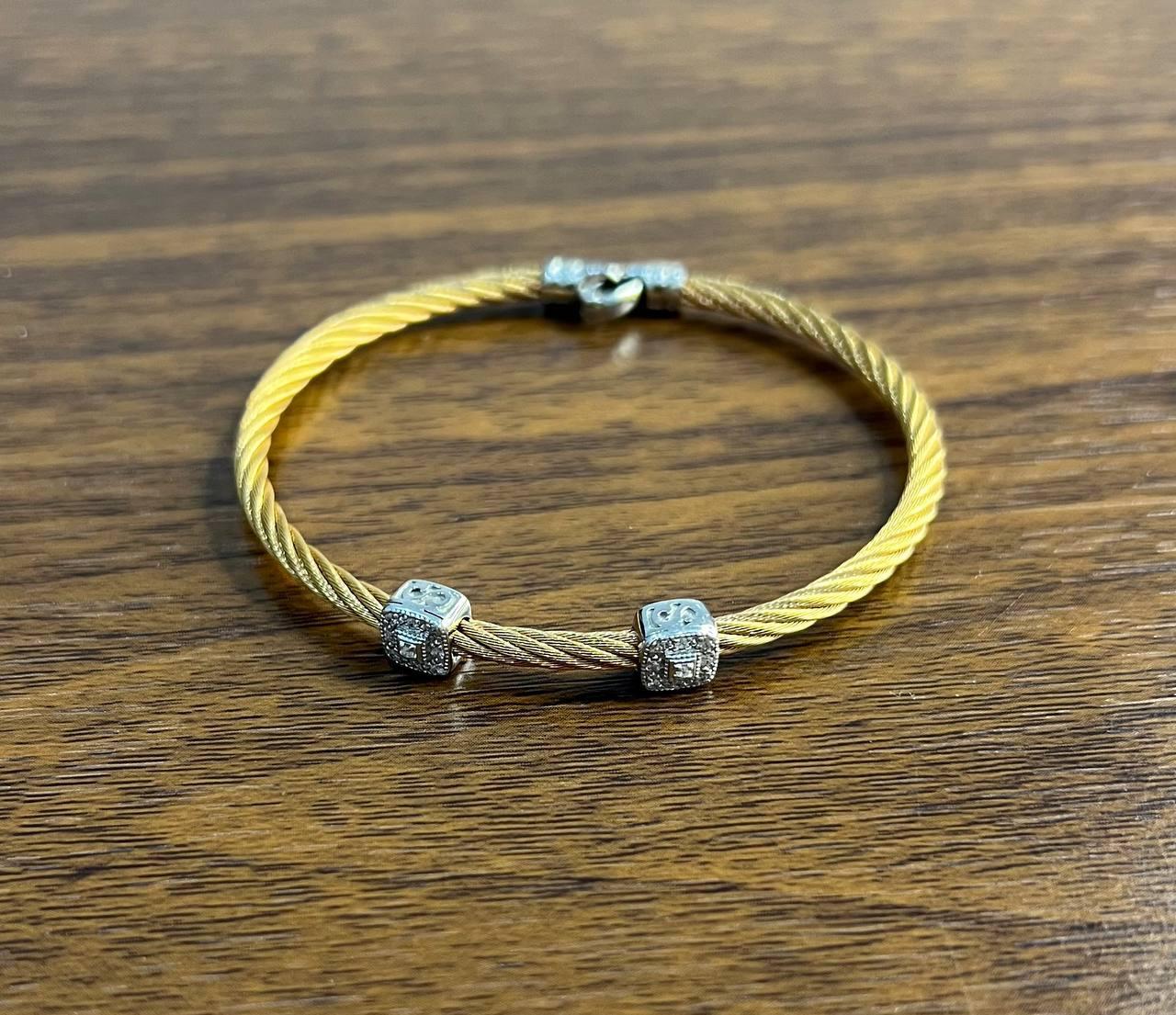 Yellow Cable Row 18 Karat White Gold Diamonds Filigree Statement Steel Bracelet In New Condition For Sale In Oakton, VA