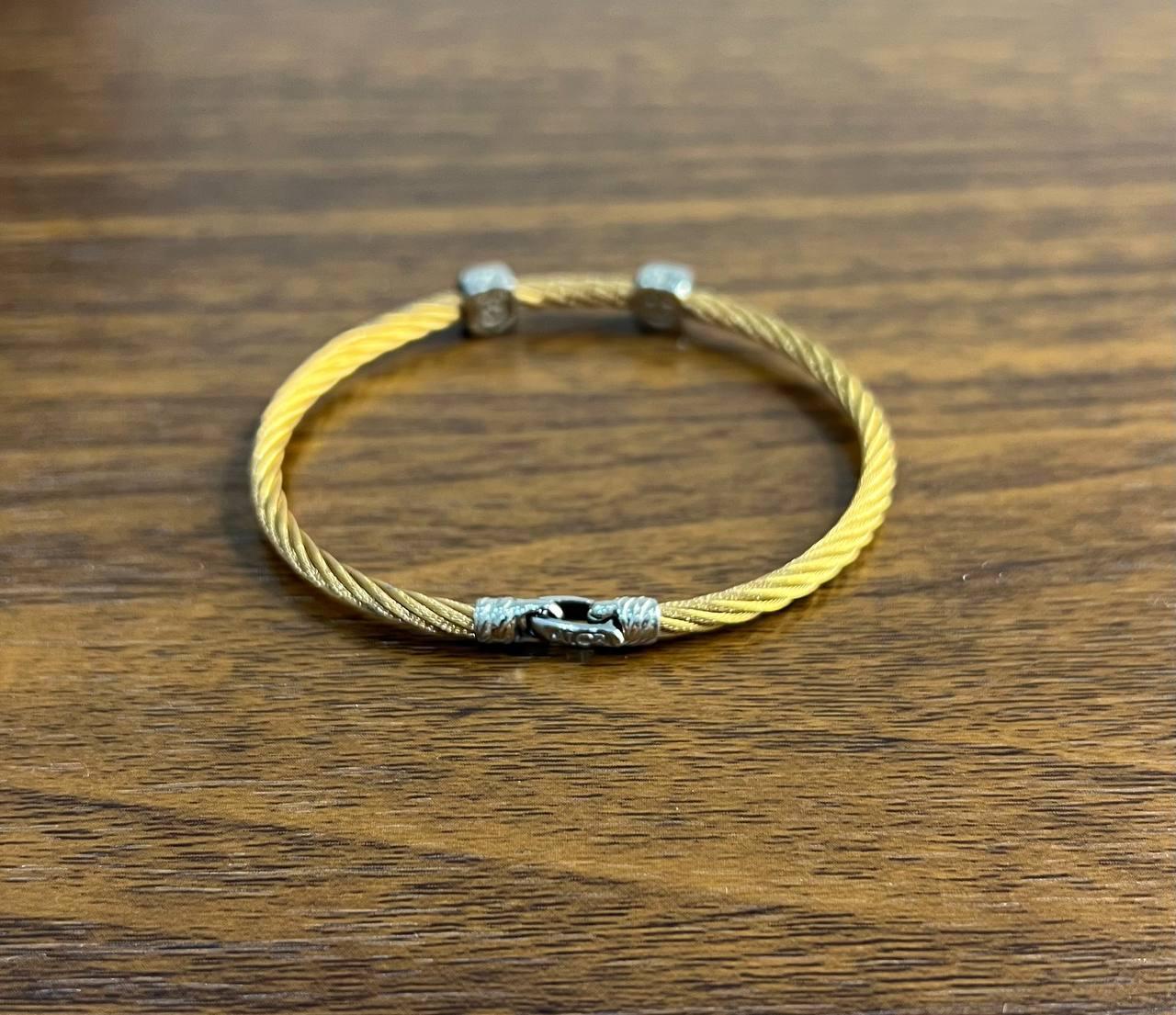 Yellow Cable Row 18 Karat White Gold Diamonds Filigree Statement Steel Bracelet For Sale 1