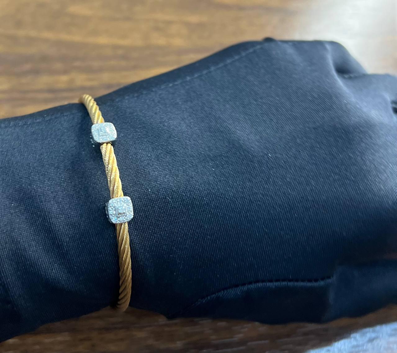 Yellow Cable Row 18 Karat White Gold Diamonds Filigree Statement Steel Bracelet For Sale 2