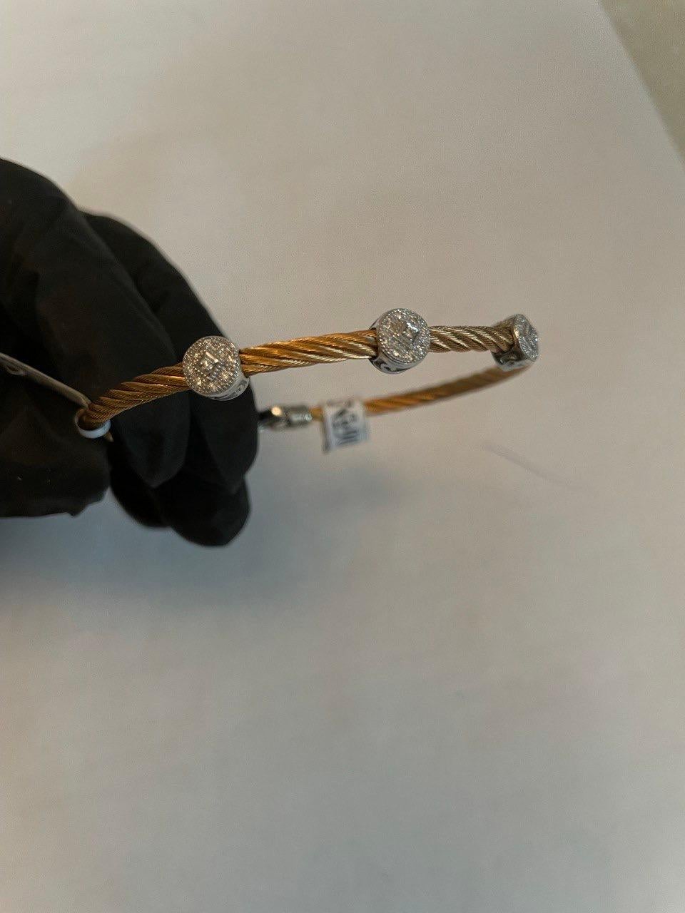 Filigranes Statement-Armband aus 18 Karat Weißgold mit gelben Kabelreihen aus Stahl und Diamanten Damen im Angebot