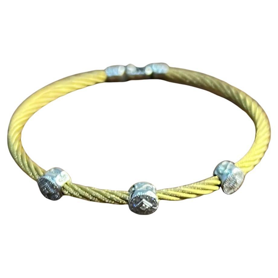 Yellow Cable Row with 18 Karat White Gold Diamonds Filigree Statement Bracelet