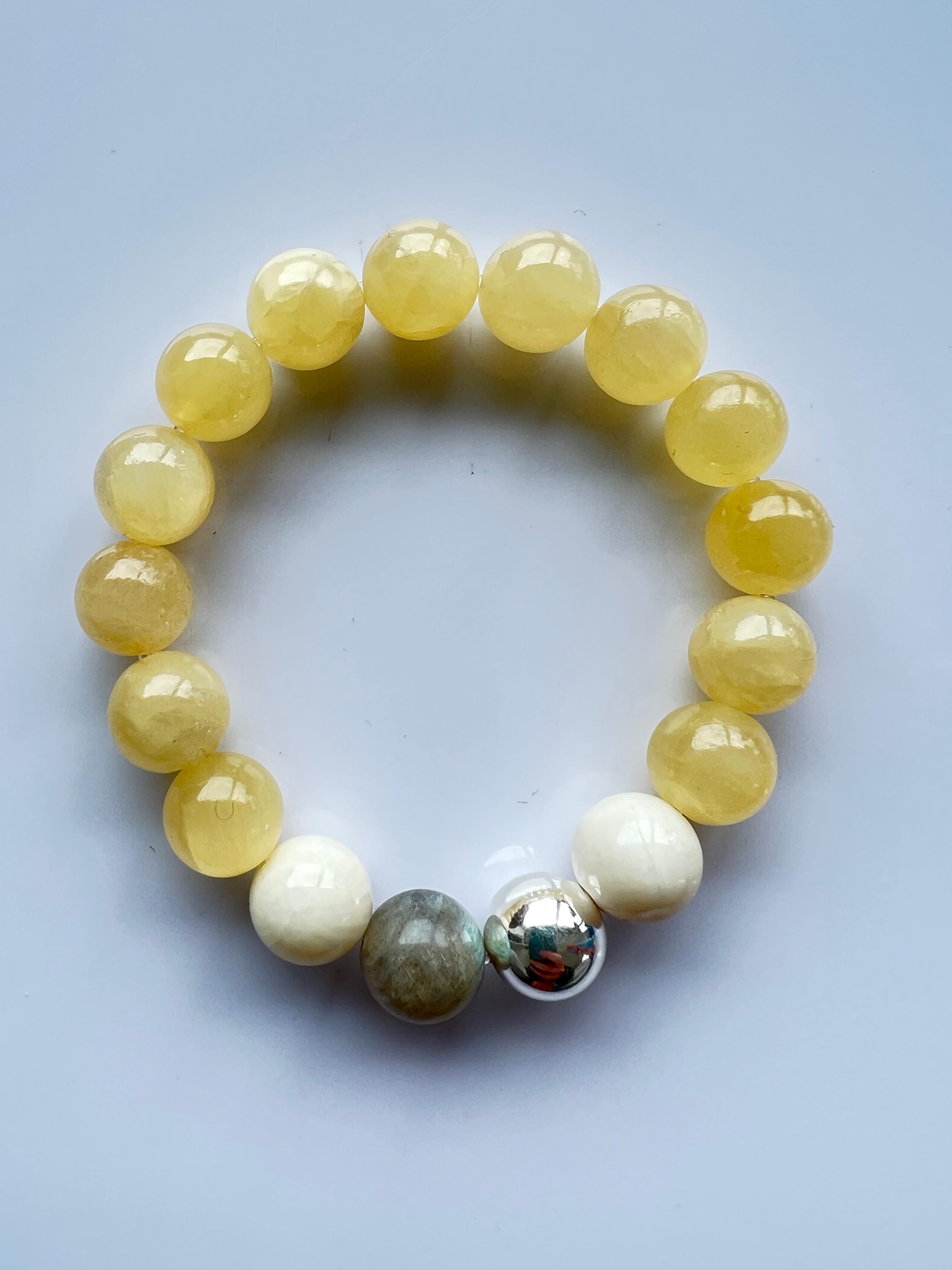 Yellow Calcite Beaded Bracelet  Silver Semi Precious Natural In New Condition For Sale In Los Angeles, CA
