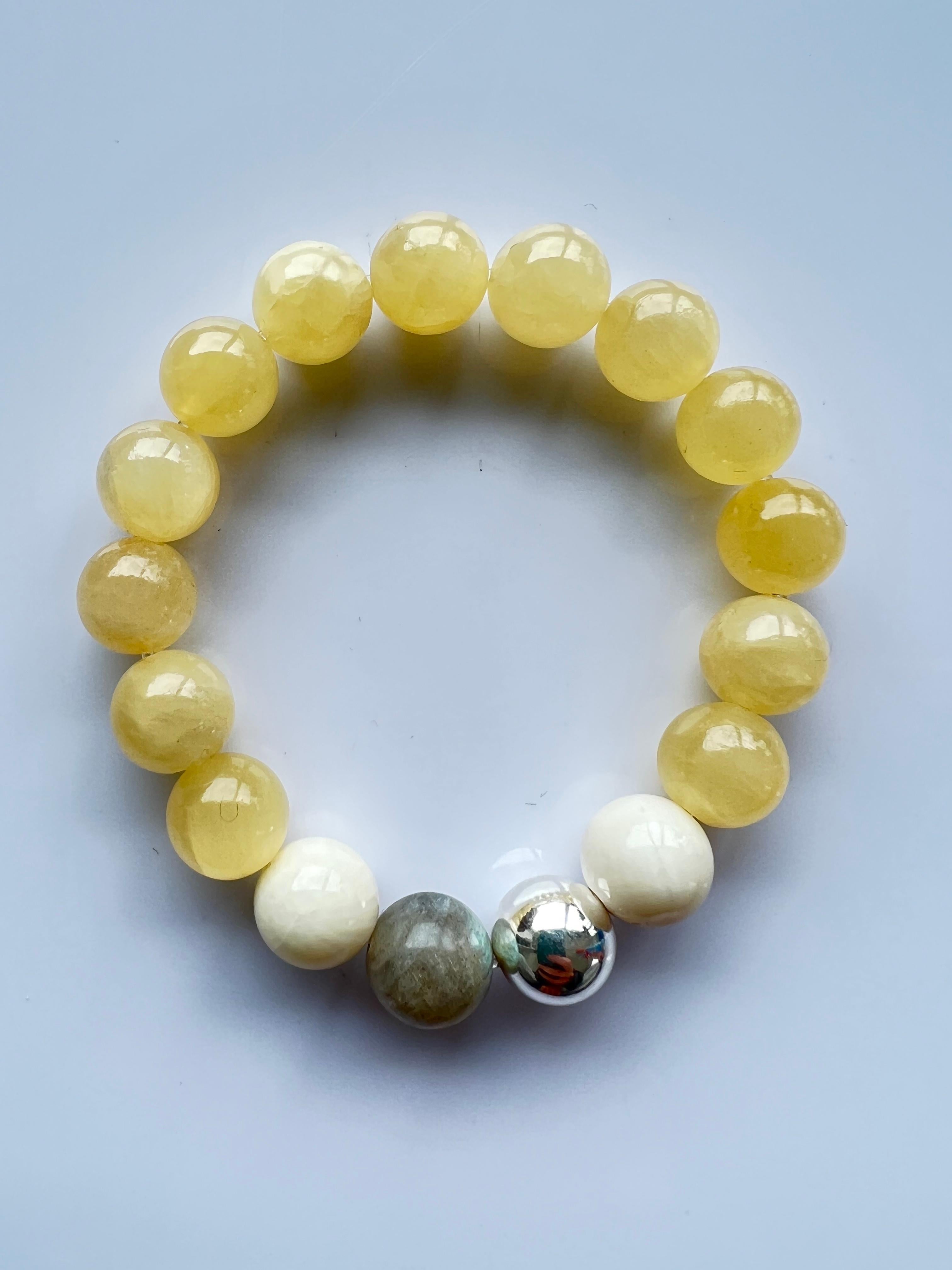 Gelbes Calcit-Perlenarmband  Silber Halbedelstein Natürlicher J Dauphin im Angebot 1