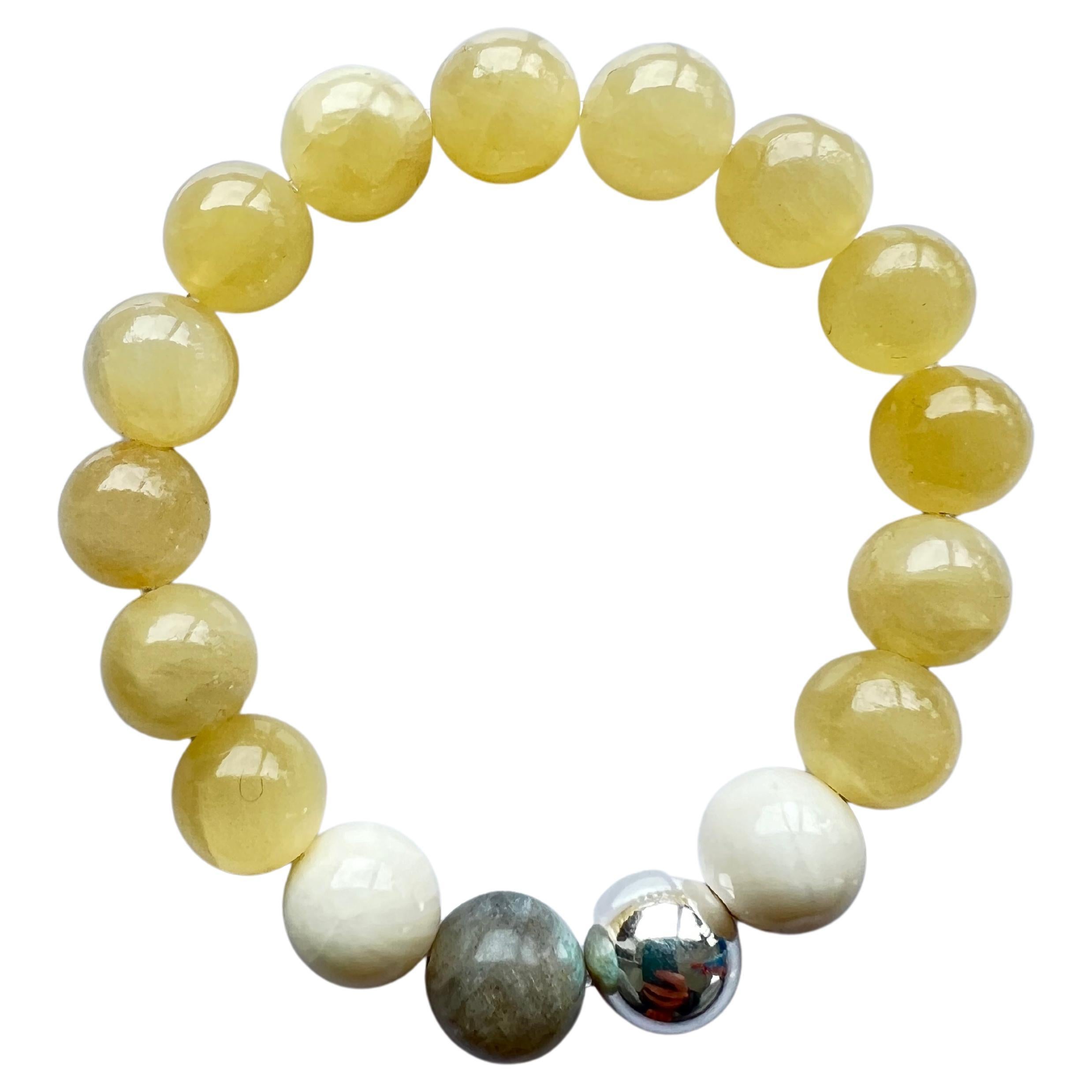 Bracelet de perles de Calcite jaune  J Dauphin argenté semi-précieux naturel