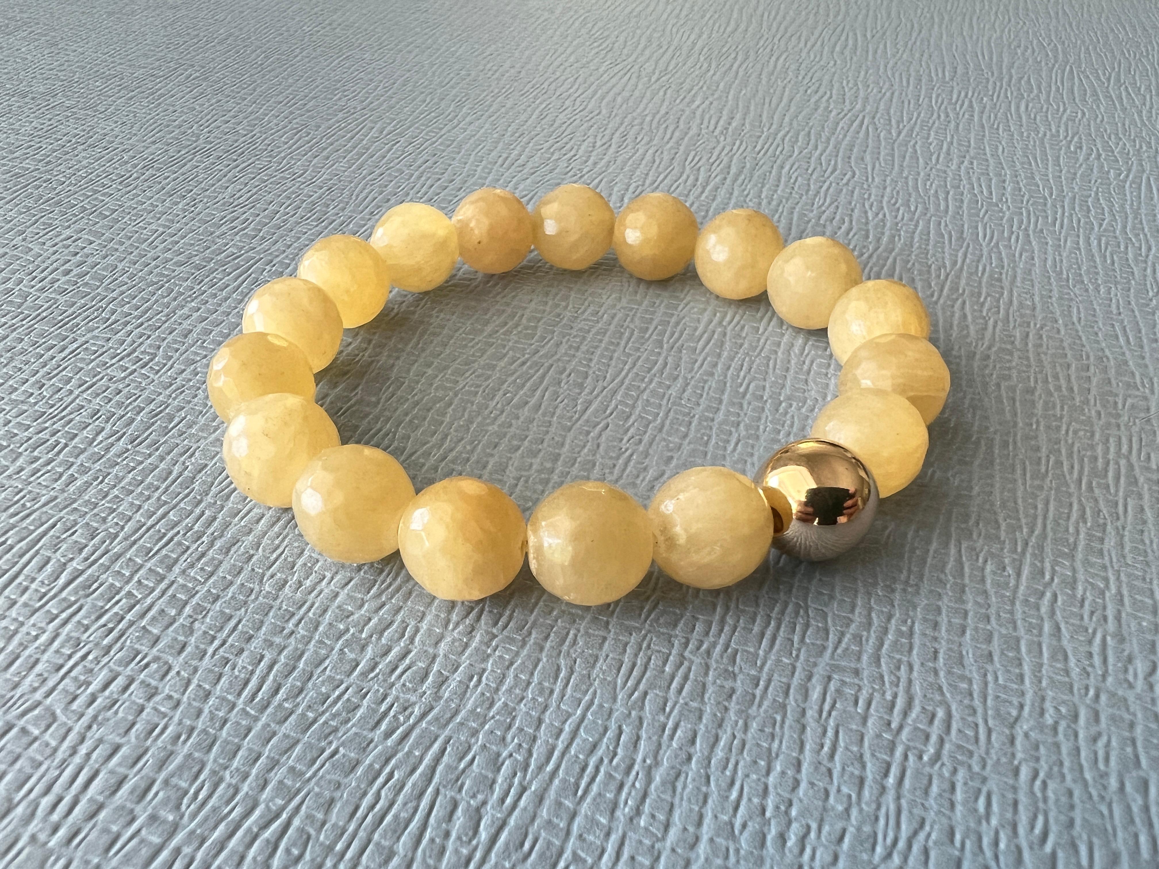 Women's or Men's Yellow Calcite Round Facteted Bead Bracelet Gold Filled Bead J Dauphin For Sale