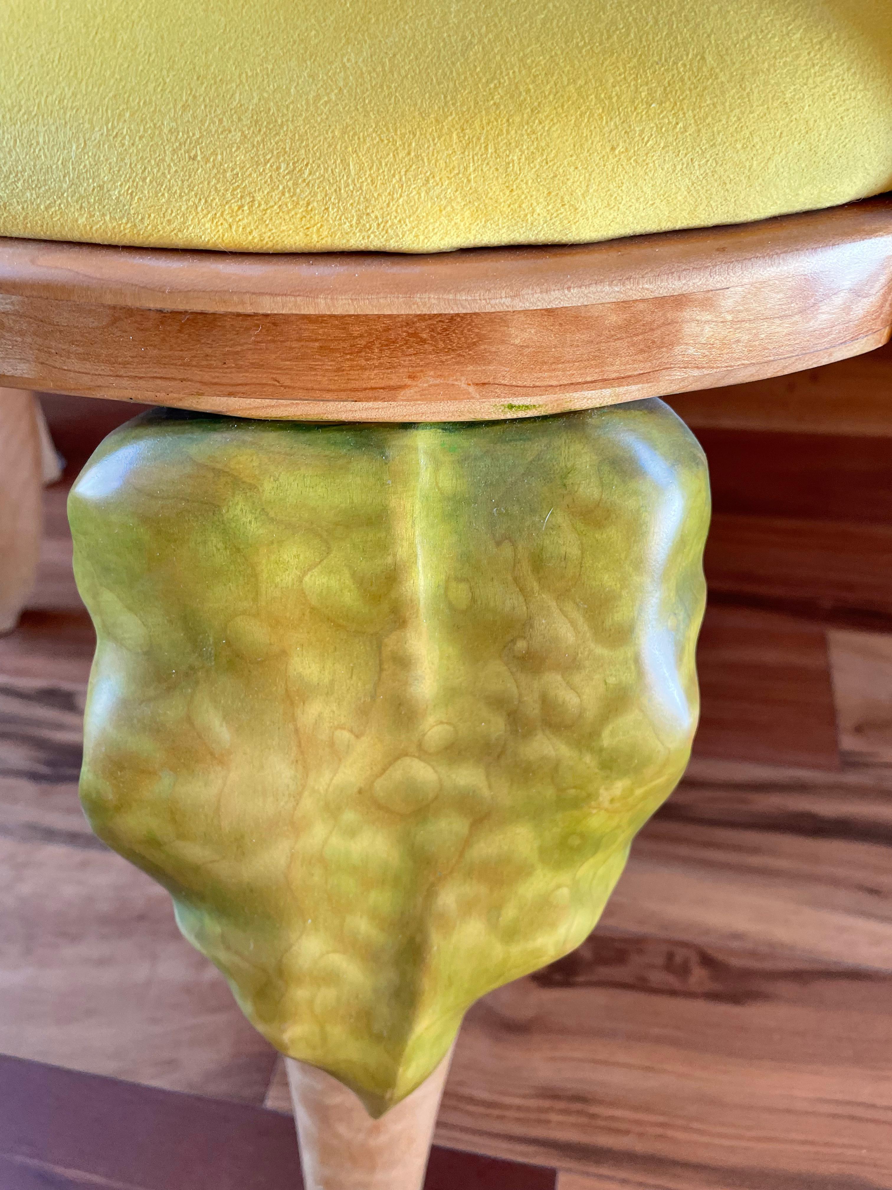 Carved Yellow Calla Lily Chair Made of Curly Maple, Translucent Stains and Ultra-Suede For Sale