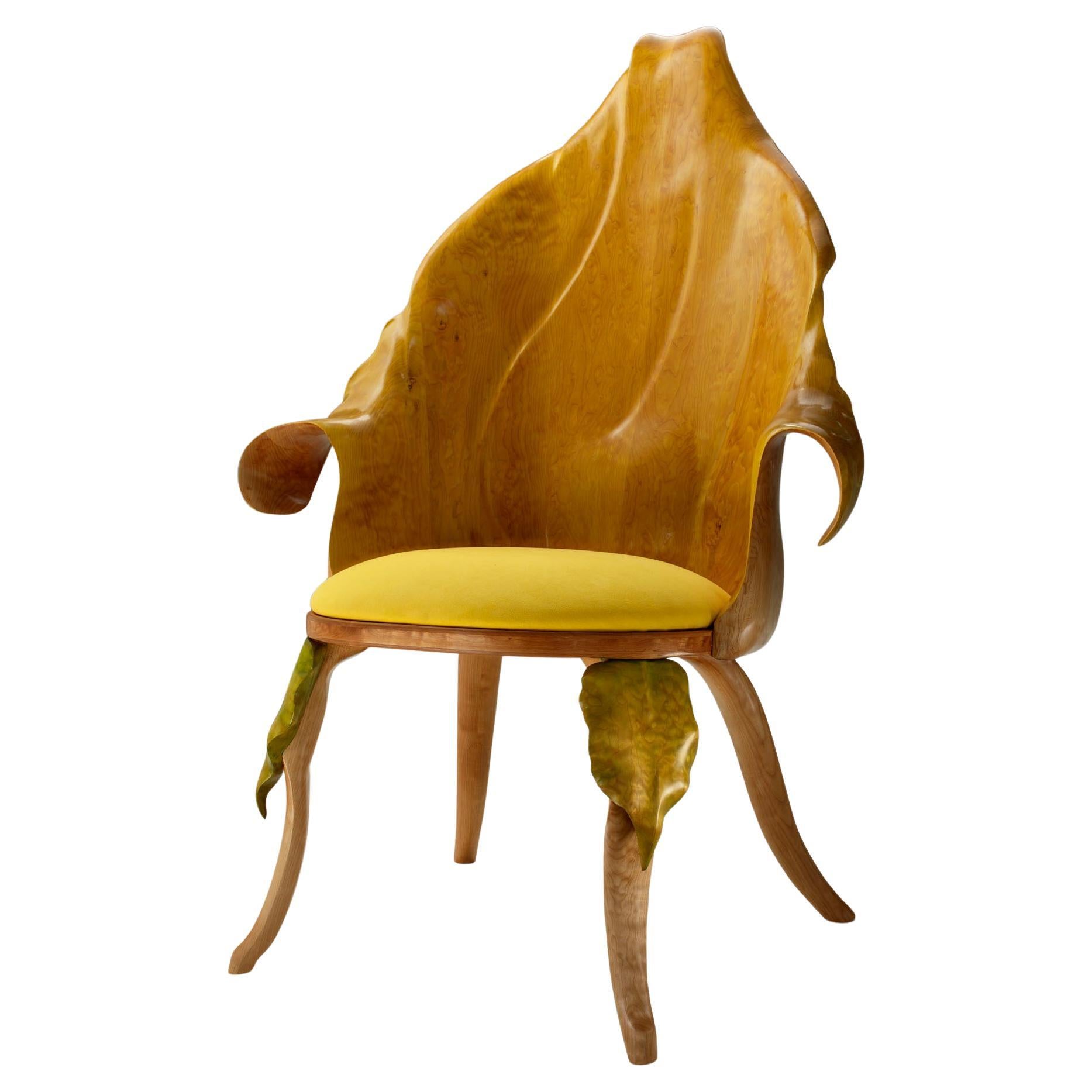 Yellow Calla Lily Chair Made of Curly Maple, Translucent Stains and Ultra-Suede For Sale