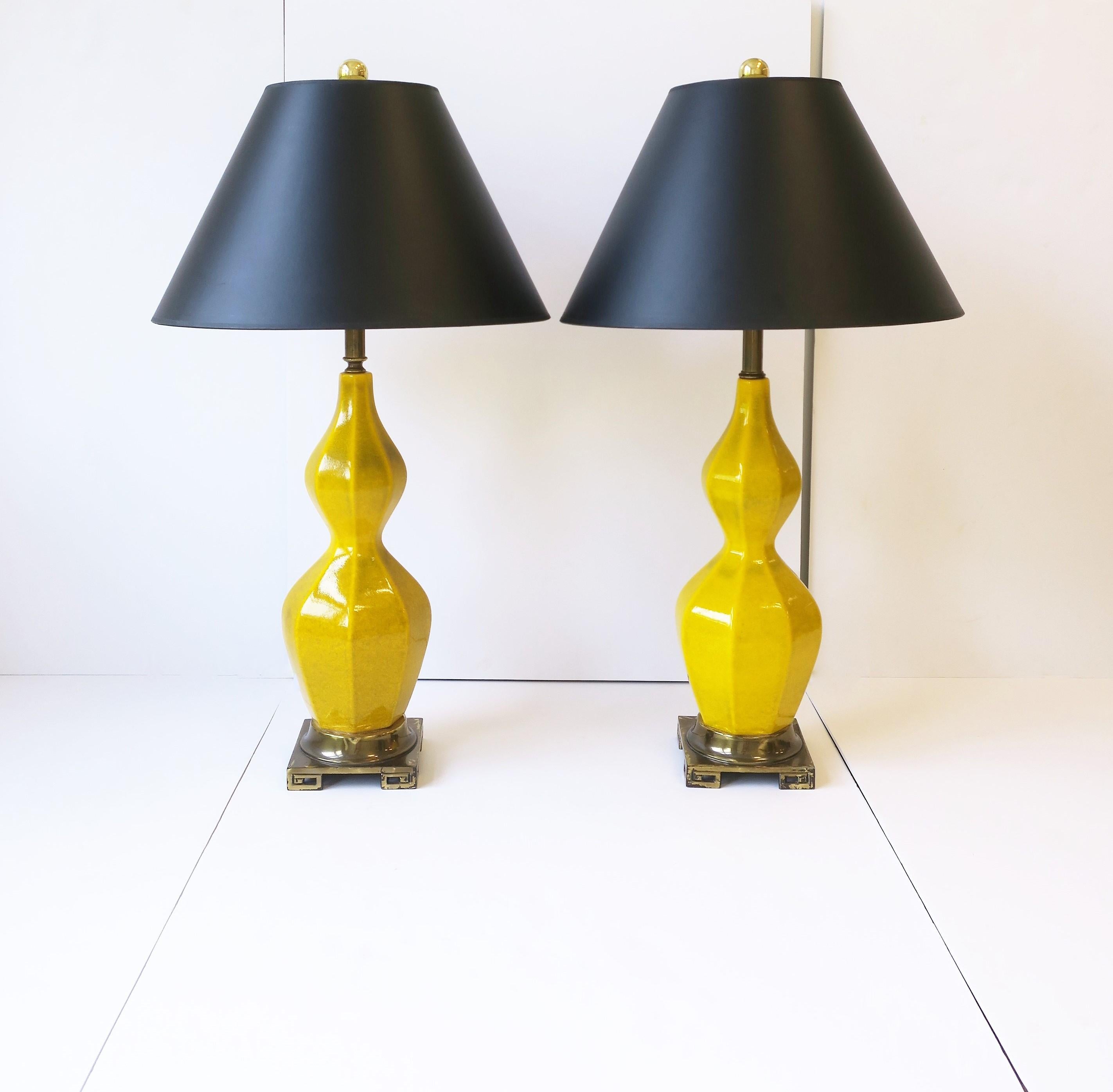 Mid-Century Modern Midcentury Modern Yellow Ceramic and Brass Table Lamps, circa 1960s, Pair