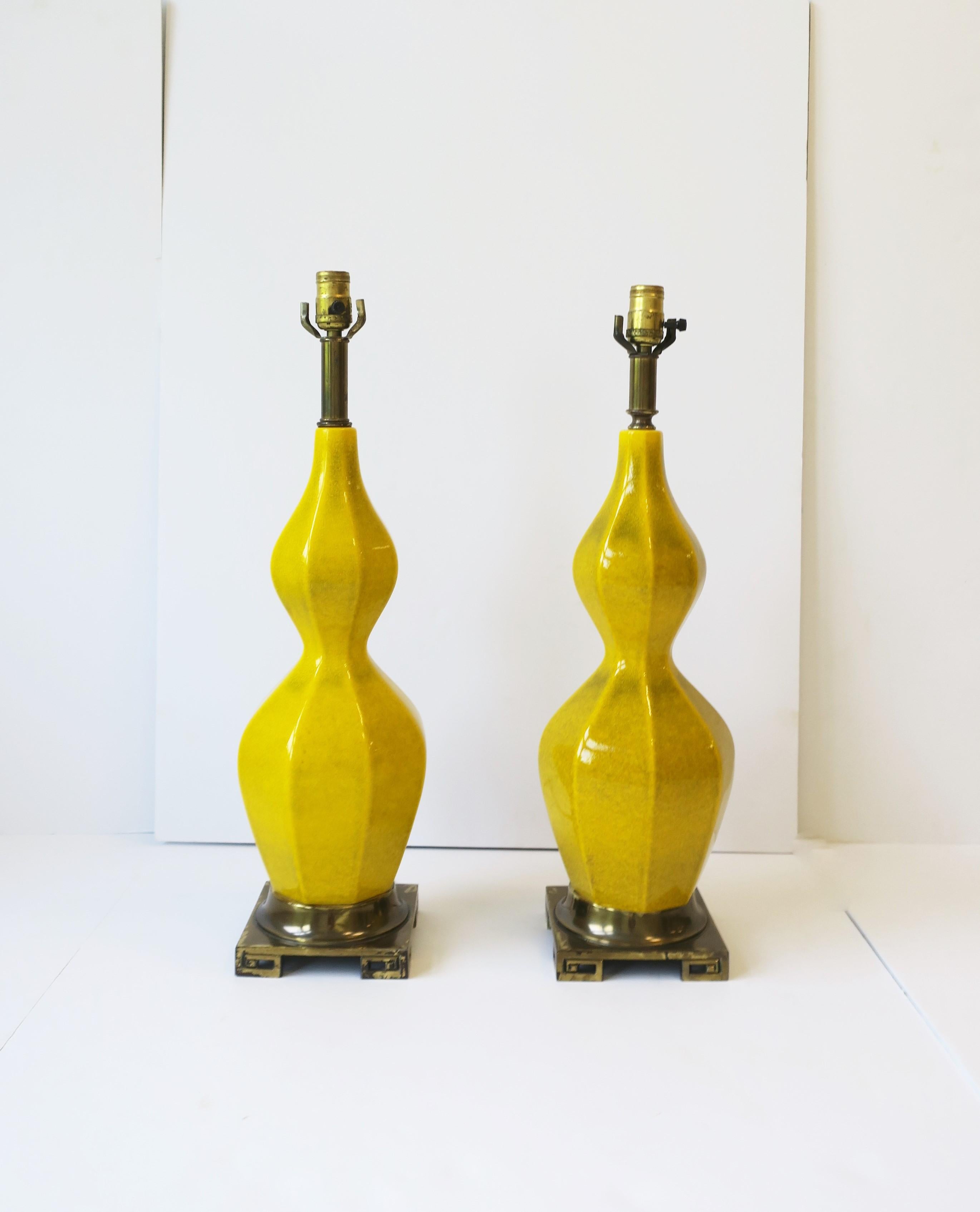 Mid-20th Century Midcentury Modern Yellow Ceramic and Brass Table Lamps, circa 1960s, Pair