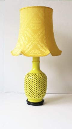 Yellow Ceramic Chinoiserie Table Lamp Silk Lampshade