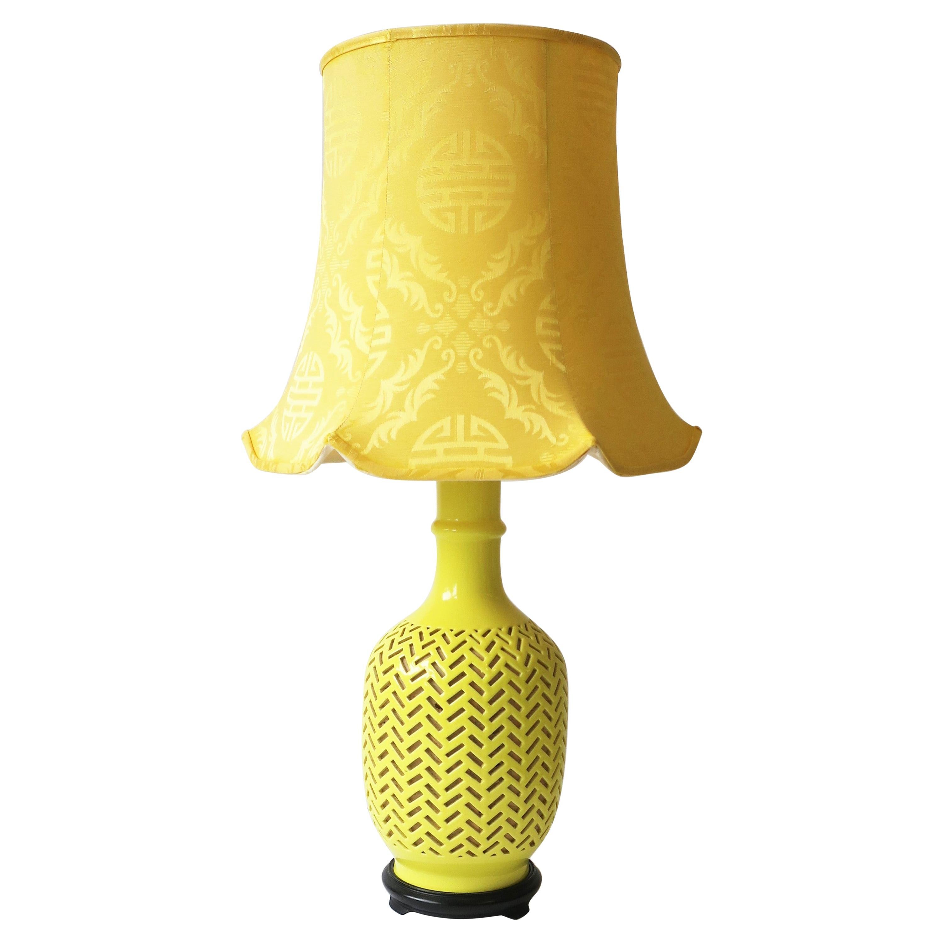 Bright Yellow Ceramic Chevron Chinoiserie Table or Desk Lamp with Silk Shade