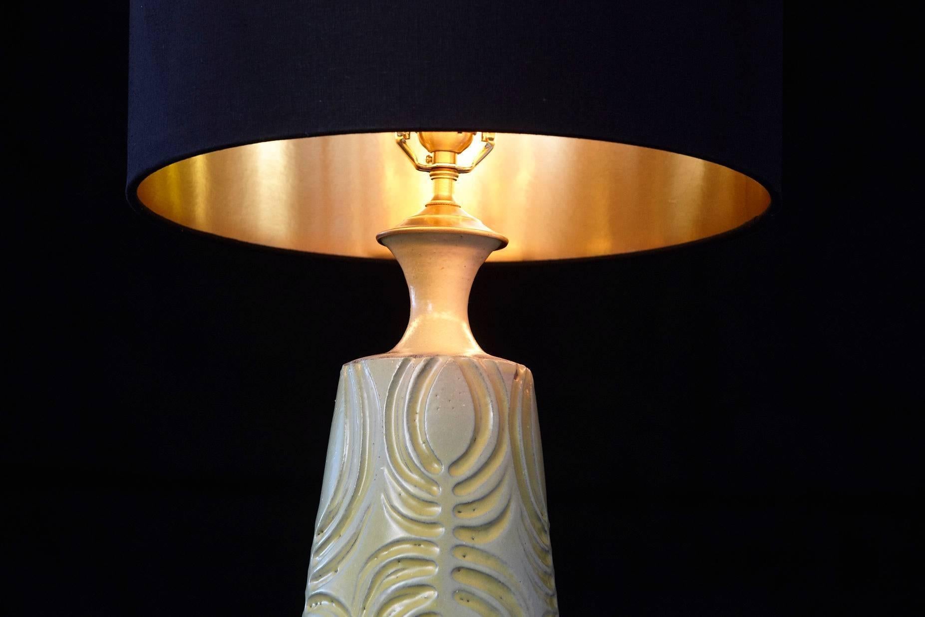 Glazed Yellow Ceramic Lamp with Decorative Elements by Robert Maxwell and New Shade For Sale