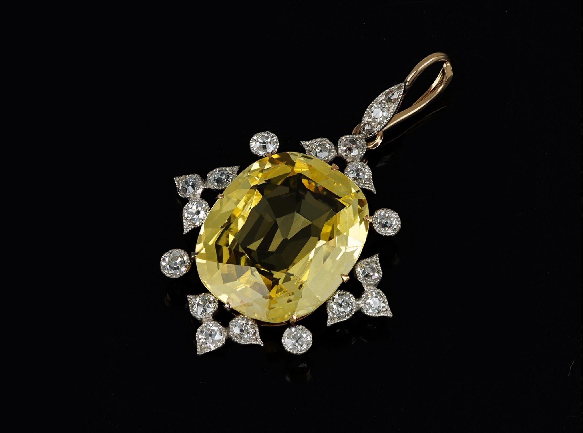 Edwardian Yellow Ceylon Sapphire and diamond pendant, circa 1910. For Sale
