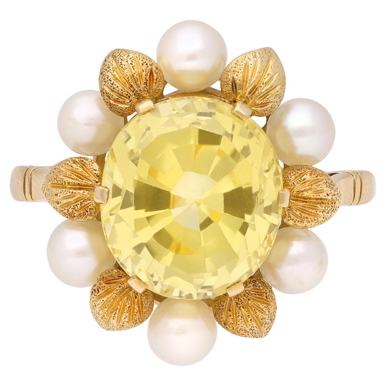 Yellow Ceylon sapphire and pearl ring, circa 1960. For Sale