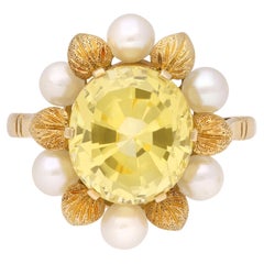 Vintage Yellow Ceylon sapphire and pearl ring, circa 1960.