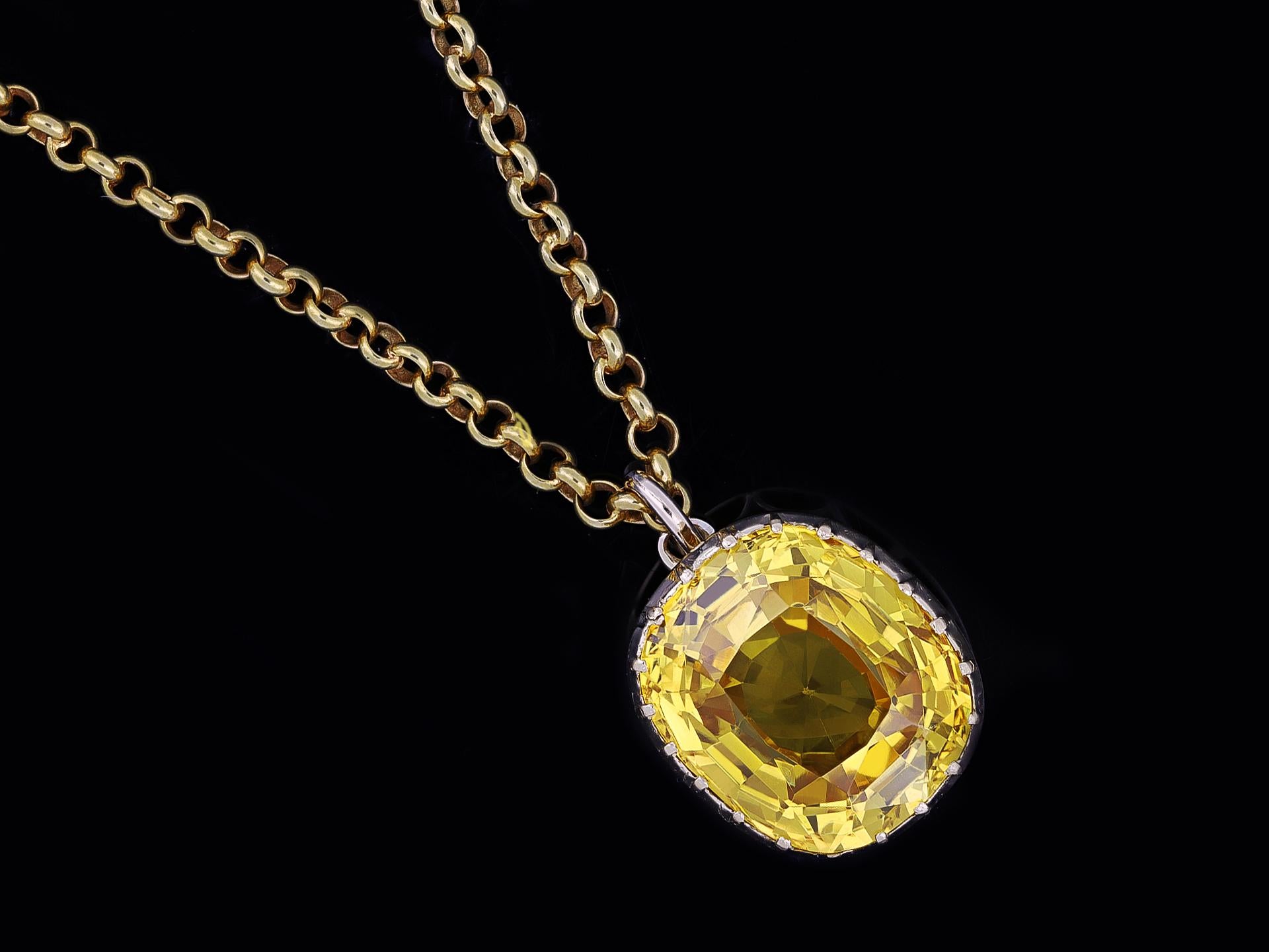 Cushion Cut Yellow Ceylon Sapphire pendant, circa 1890. For Sale