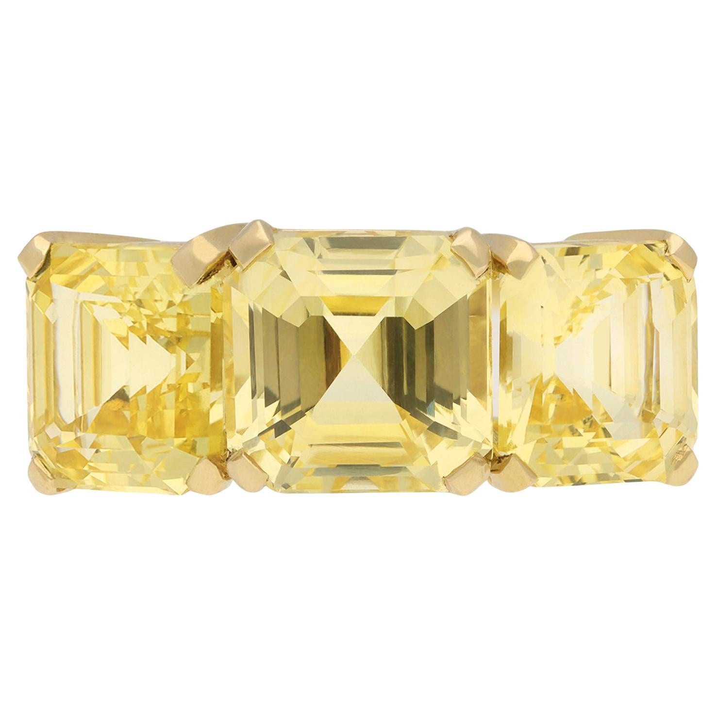 Yellow Ceylon sapphire three stone ring, circa 1950.