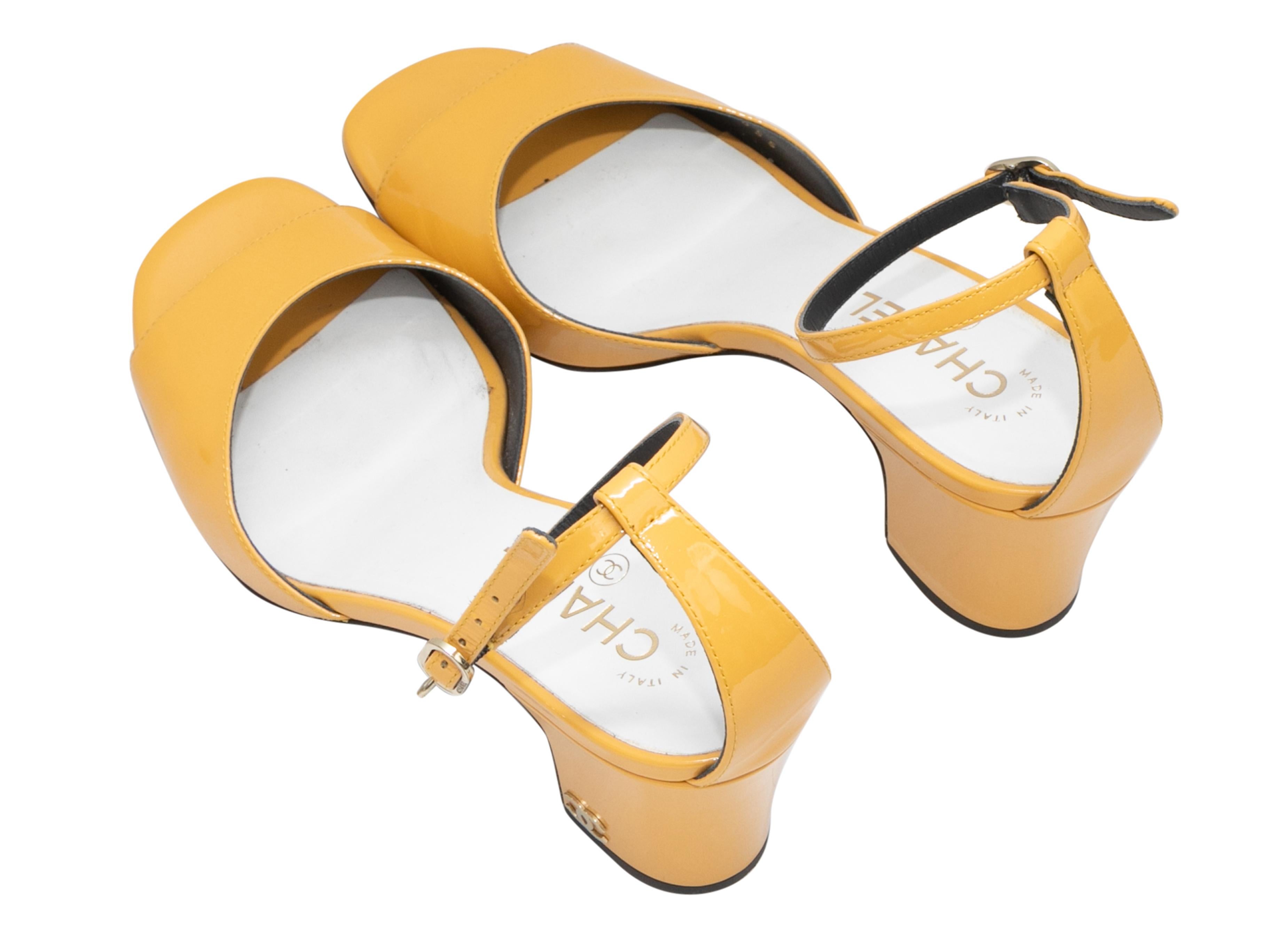 Women's Yellow Chanel Patent Leather Ankle Strap Heeled Sandals Size 39