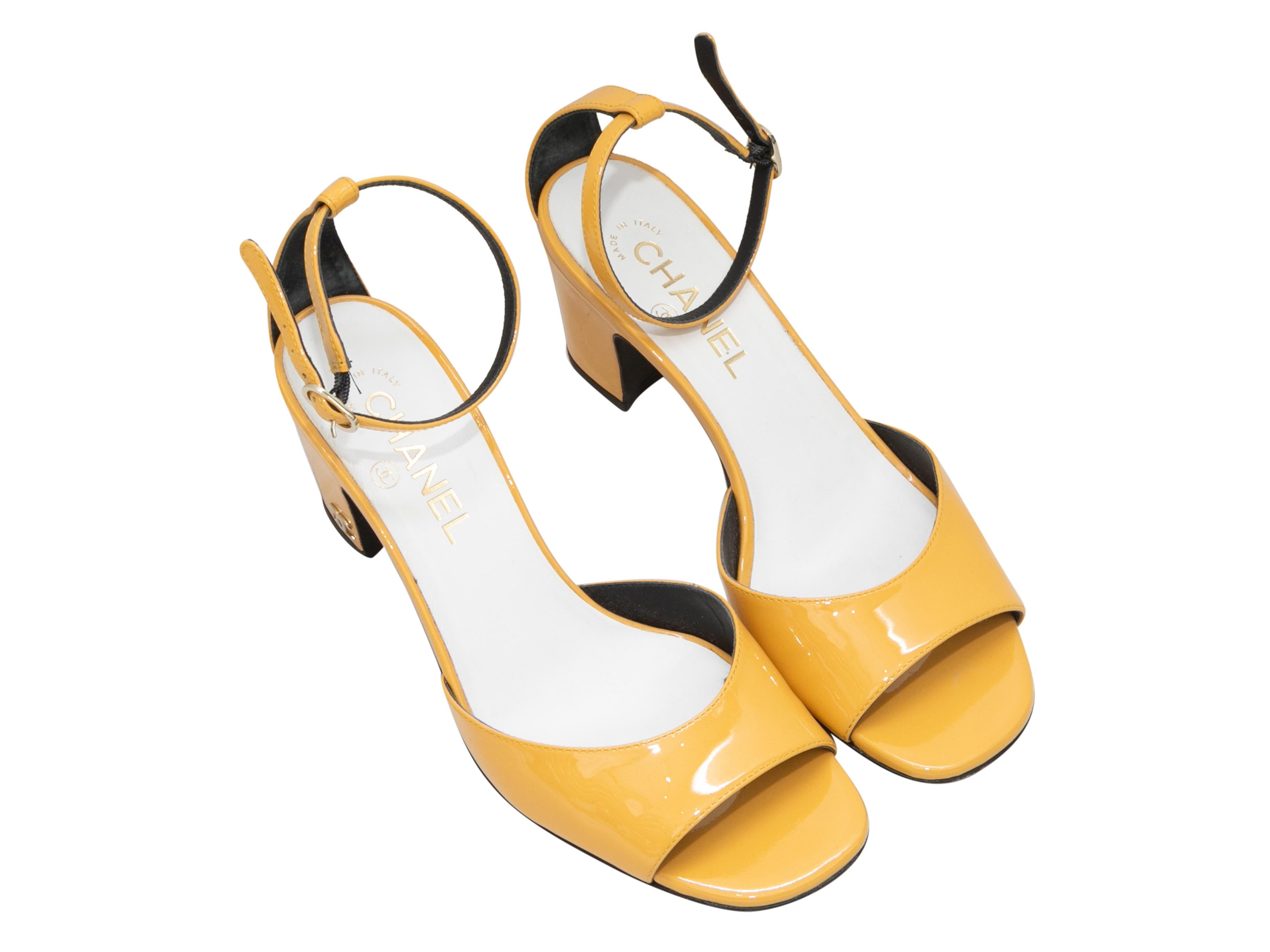 Yellow Chanel Patent Leather Ankle Strap Heeled Sandals Size 39 1