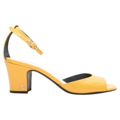 Yellow Chanel Patent Leather Ankle Strap Heeled Sandals Size 39