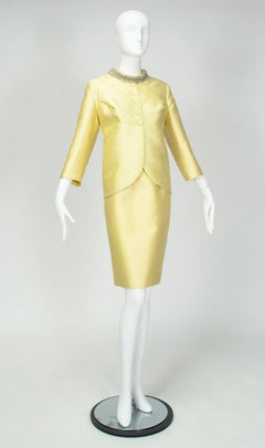 Yellow Beaded Chantung Roll Neck Dress Suit and Empire Jacket – M, 1960s