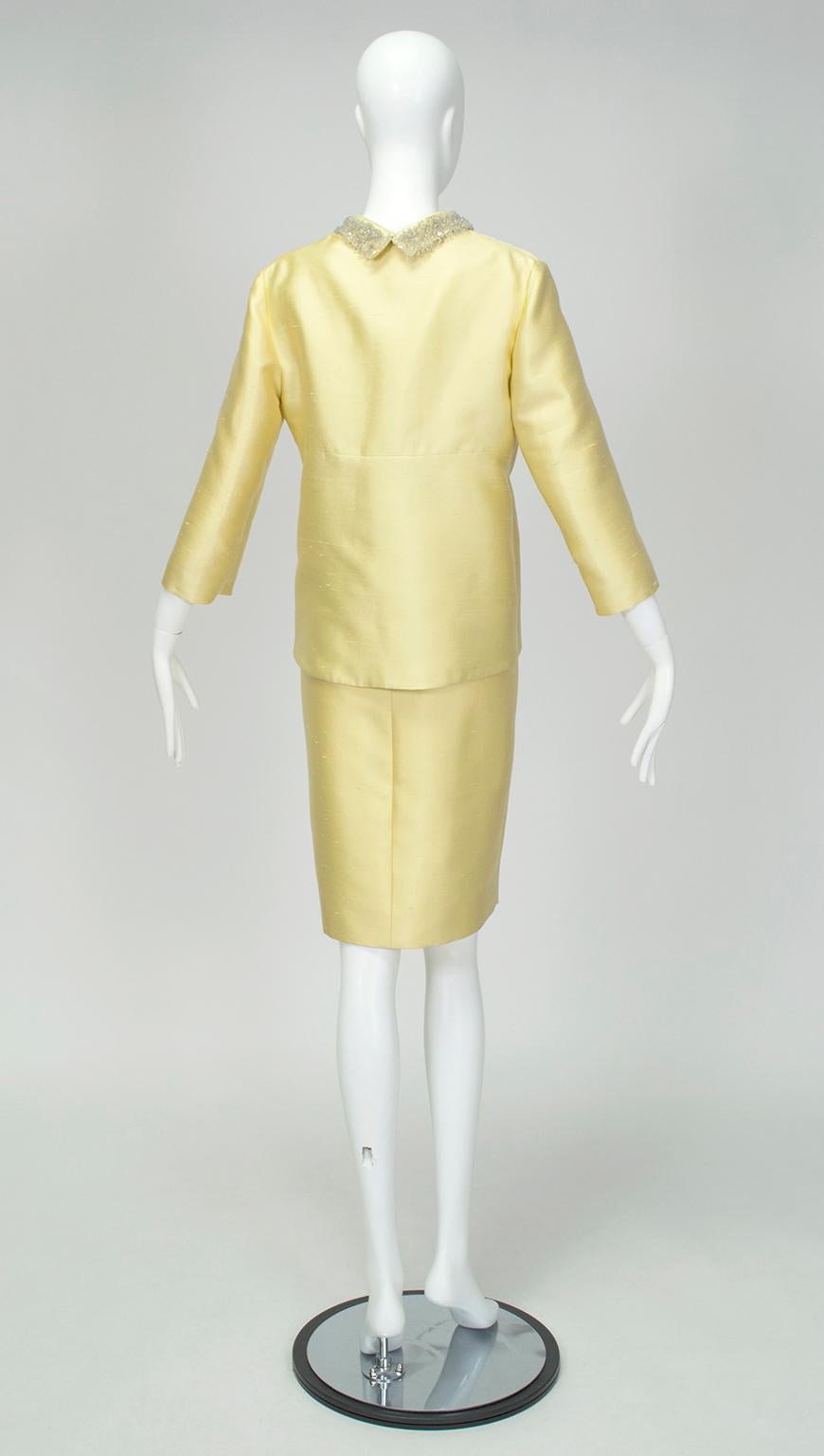 Beige Yellow Beaded Chantung Roll Neck Dress Suit and Empire Jacket – M, 1960s For Sale