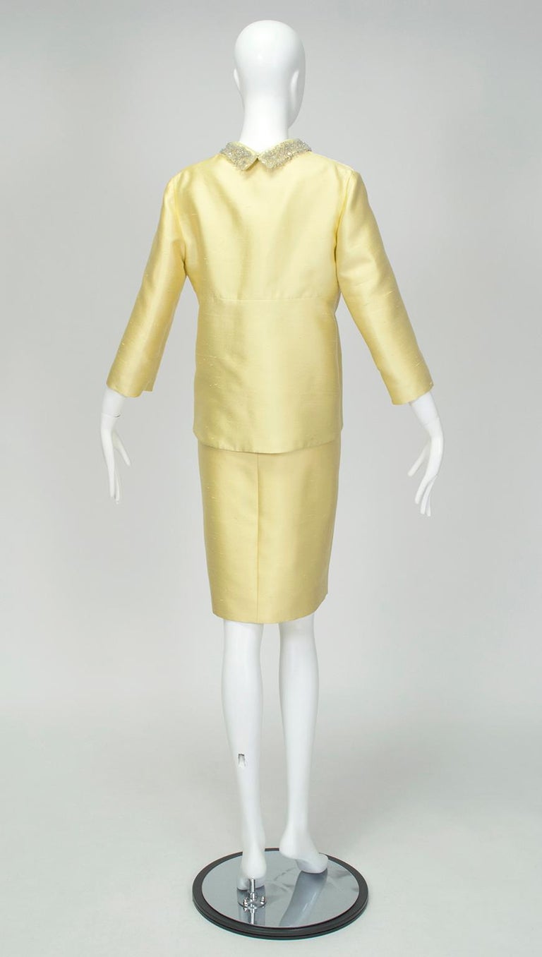 Yellow Beaded Chantung Roll Neck Dress Suit And Empire Jacket  M, 1960s