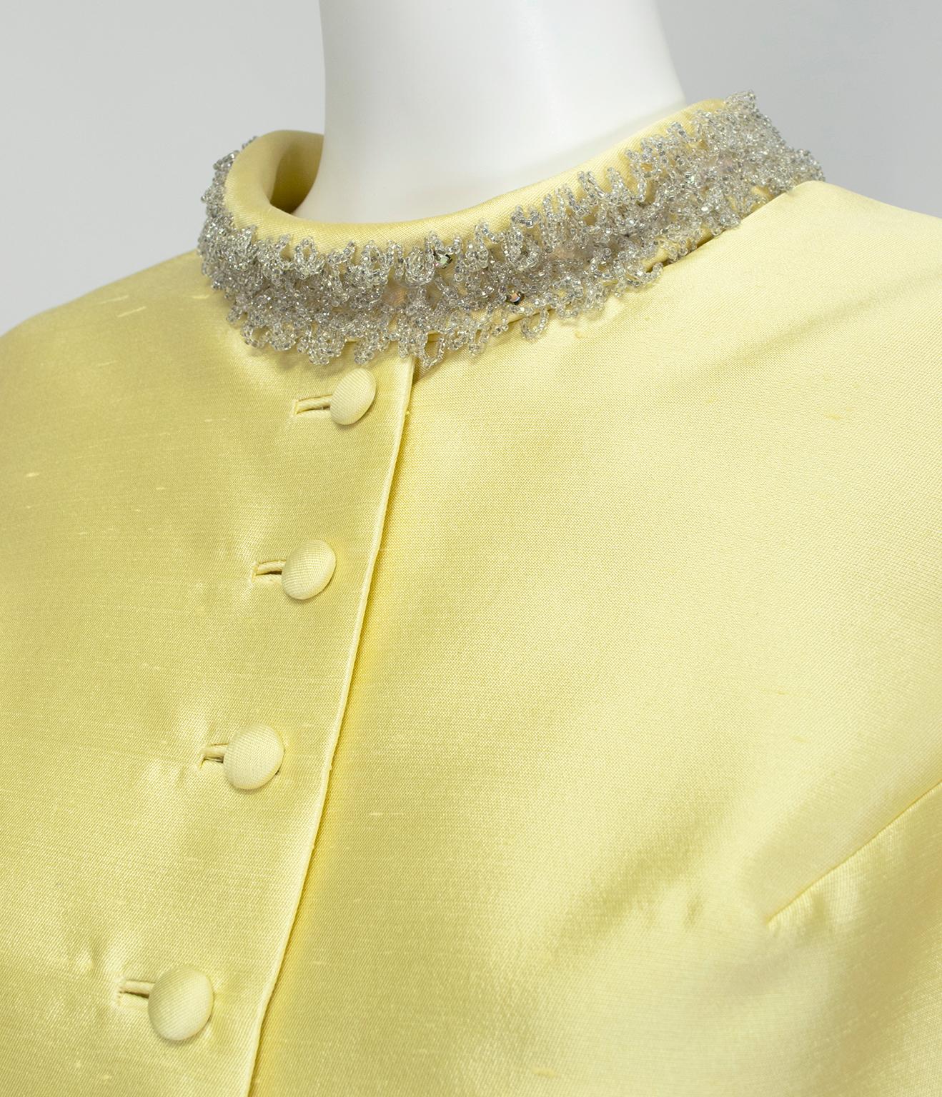 Yellow Beaded Chantung Roll Neck Dress Suit and Empire Jacket – M, 1960s For Sale 1