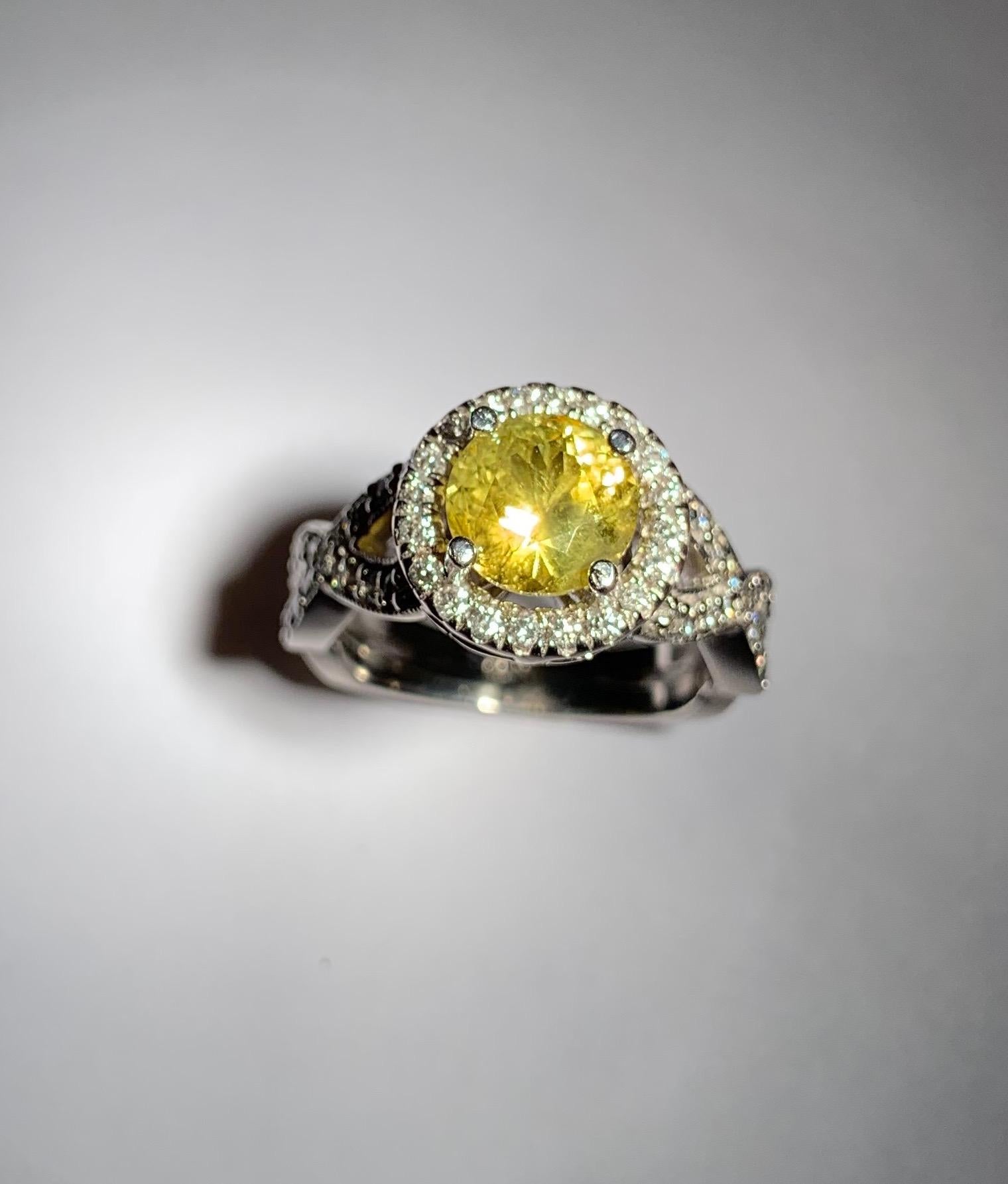 Modern Yellow Chrysoberyl 1.65 Carat and Diamond 0.70 Carat Ring in 14 Karat White Gold
