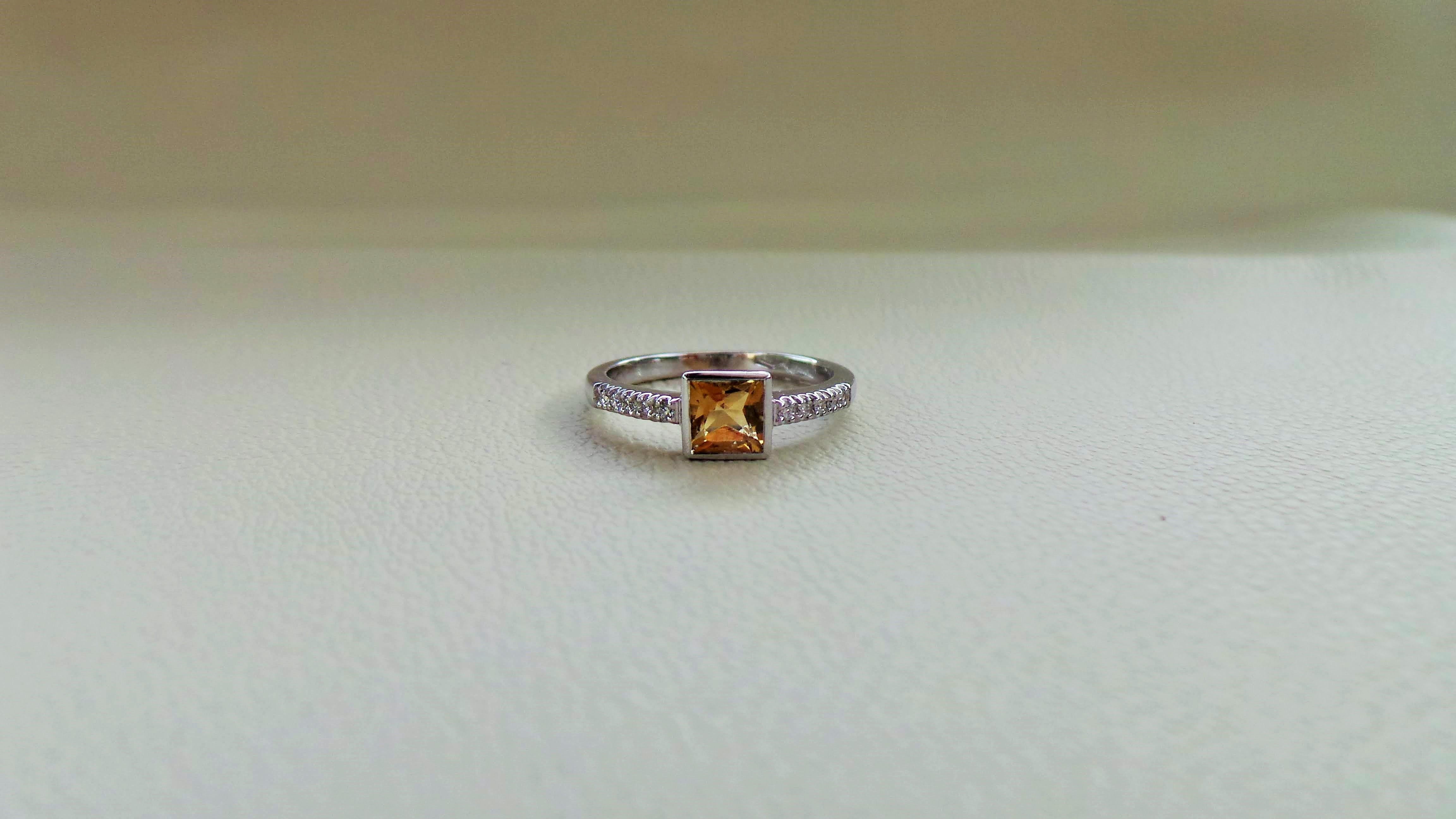 Contemporary Yellow Citrine 0.60K Diamonds 0.10K White Gold Engagement Ring For Sale