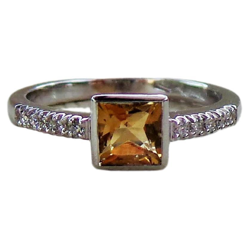 Yellow Citrine 0.60K Diamonds 0.10K White Gold Engagement Ring For Sale