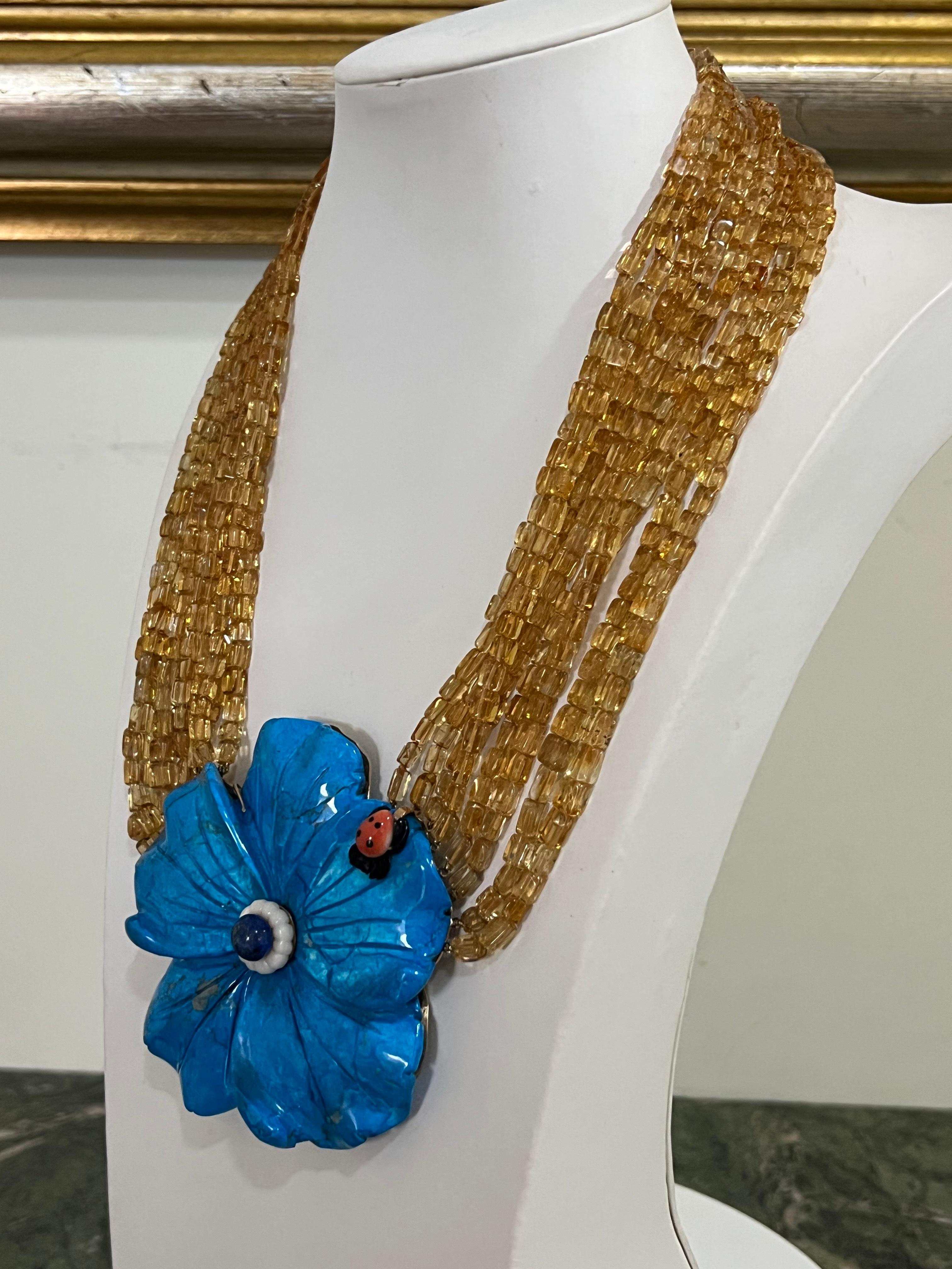 Artisan Yellow Citrine 14 Karat Yellow Gold Multi Strand Necklace For Sale