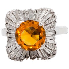 Yellow Citrine and White Diamond Cocktail Ring in 14k White Gold