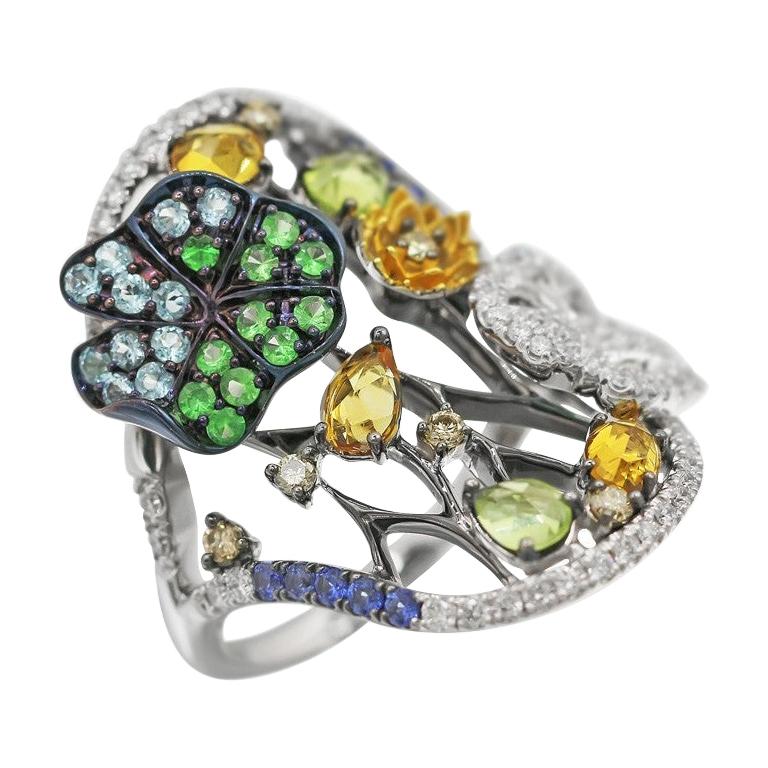 Yellow Citrine Blue Sapphire Topaz Tsavorite Diamond White Gold Nature Ring For Sale