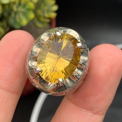 Yellow Citrine Cocktail Ring in 925 Silver – Handmade Engraved Band, Size 10 US