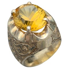 Yellow Citrine Cocktail Ring in 925 Silver – Handmade Engraved Band, Size 10 US