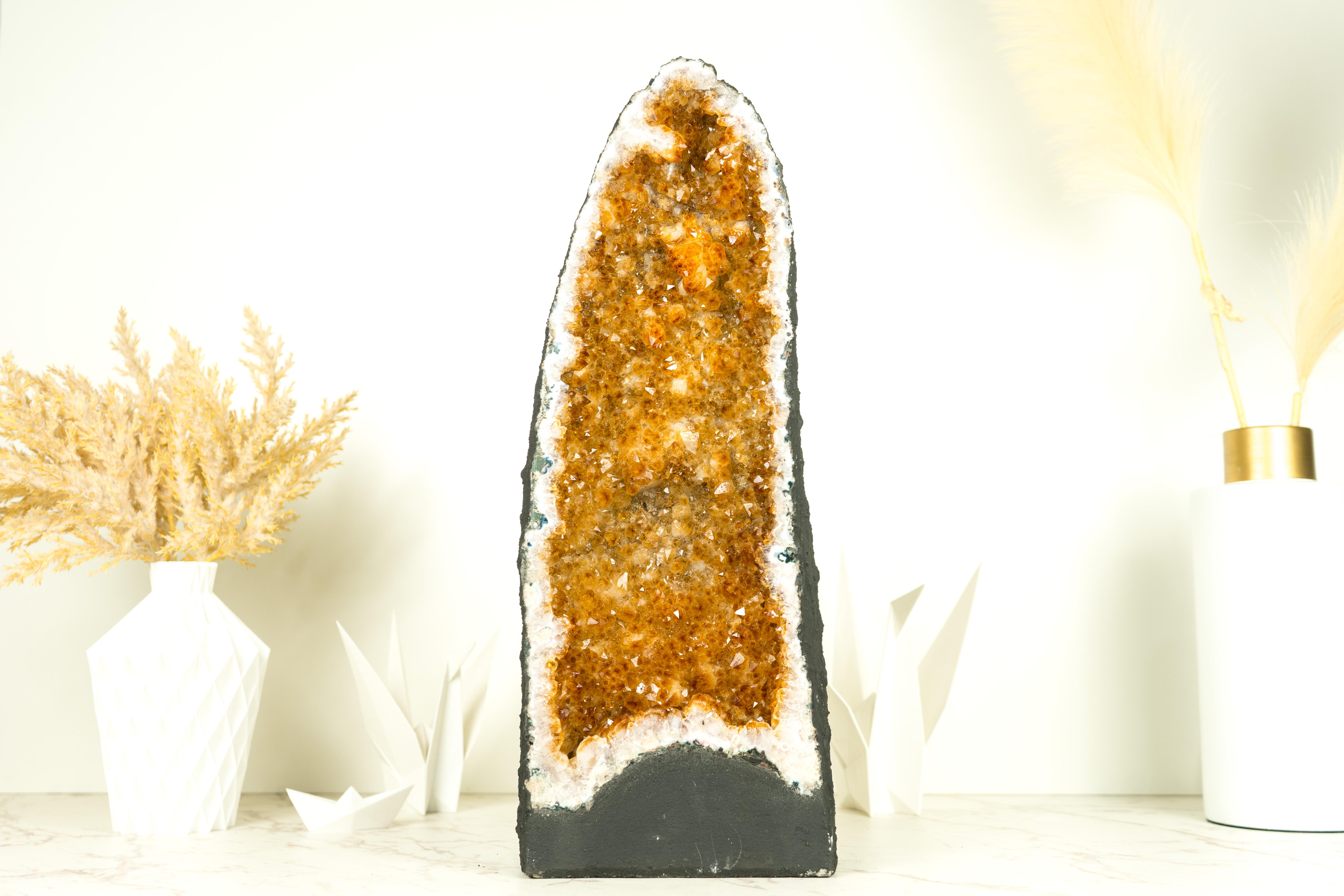 Brazilian Yellow Citrine Crystal Geode with Stalactite Flowers